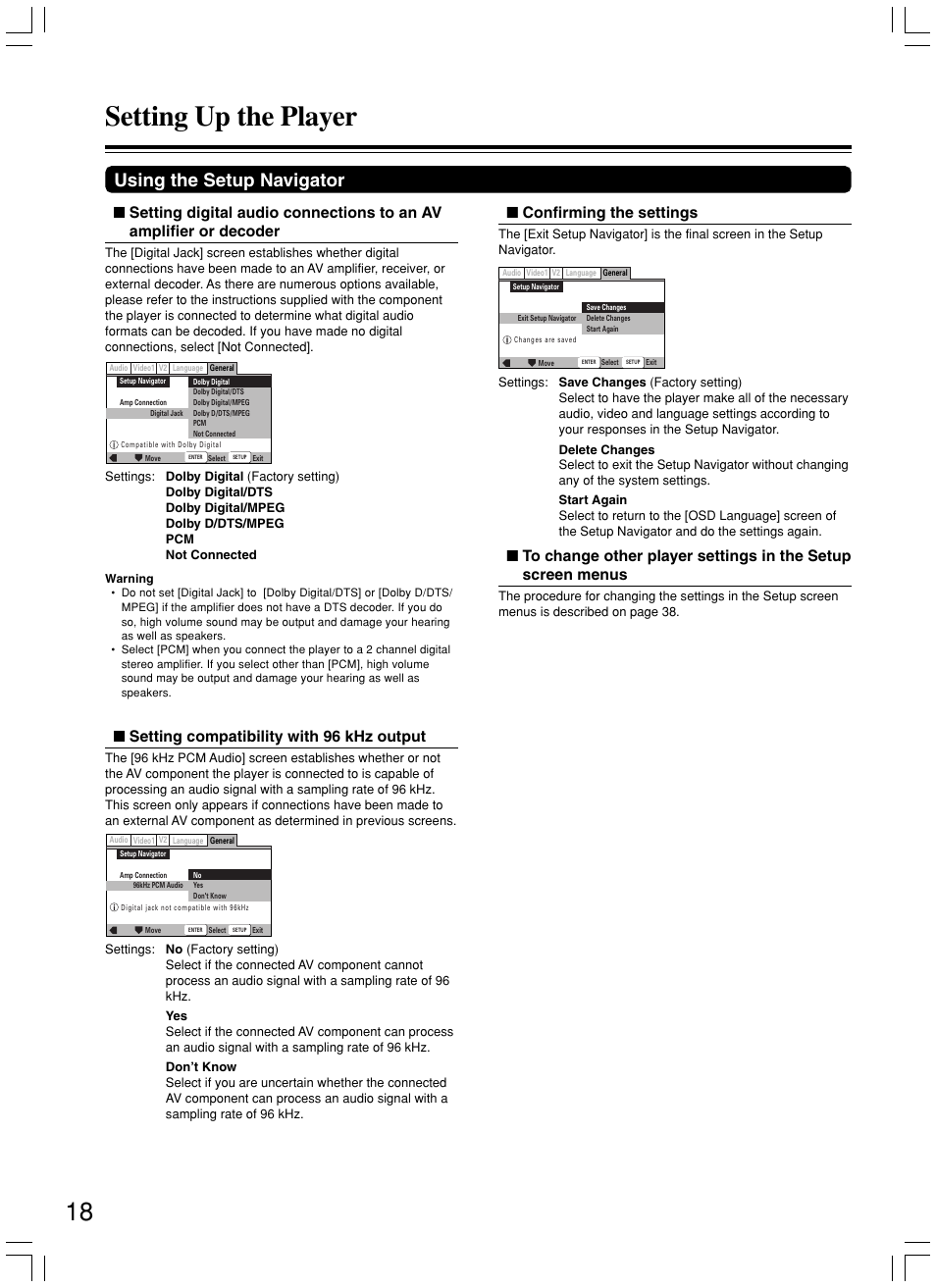 Setting up the player, Using the setup navigator, Confirming the settings | Setting compatibility with 96 khz output | Integra DPS-5.3 User Manual | Page 18 / 60