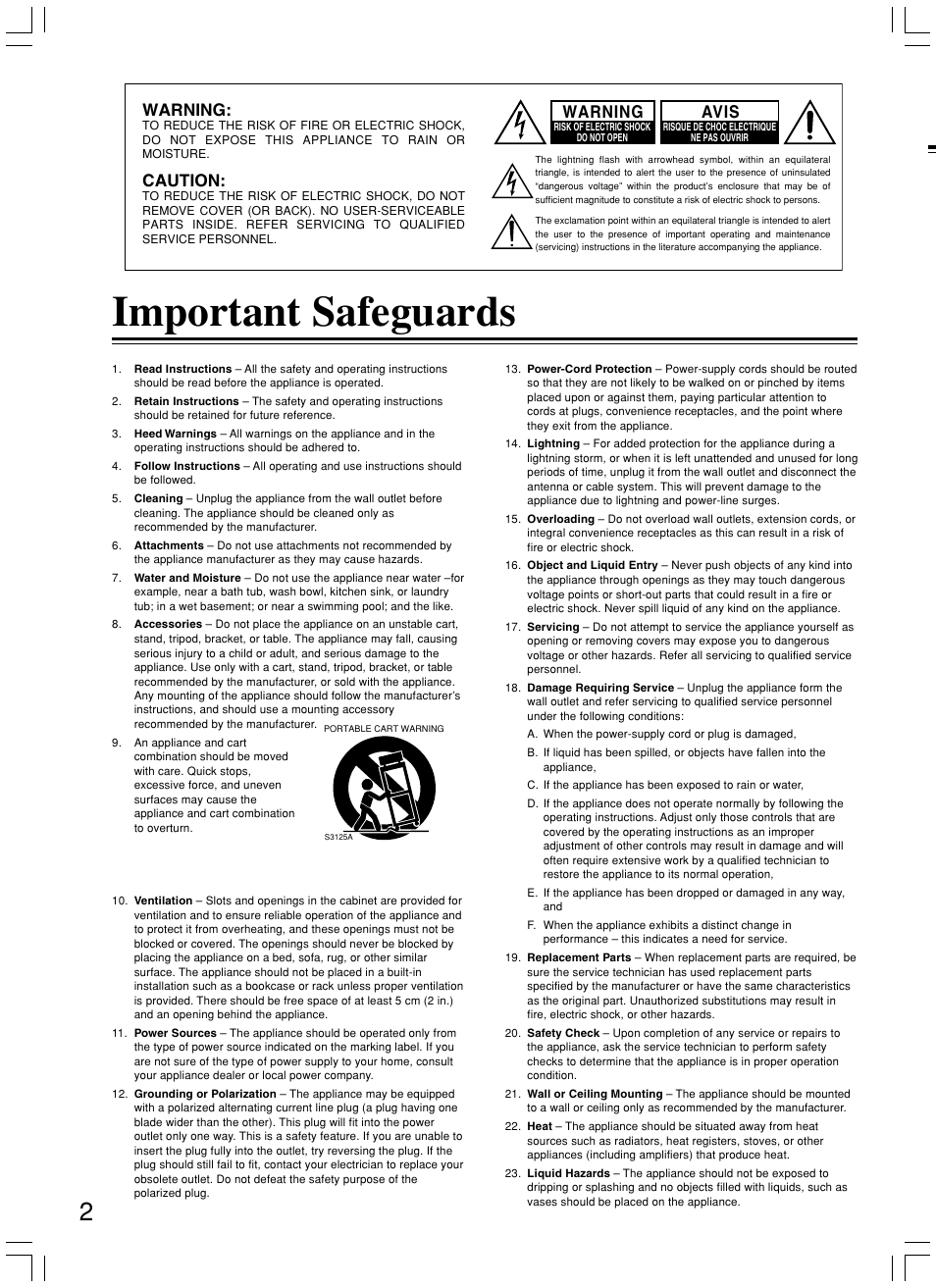 Important safeguards, Warning, Caution | Avis | Integra DPS-5.3 User Manual | Page 2 / 60