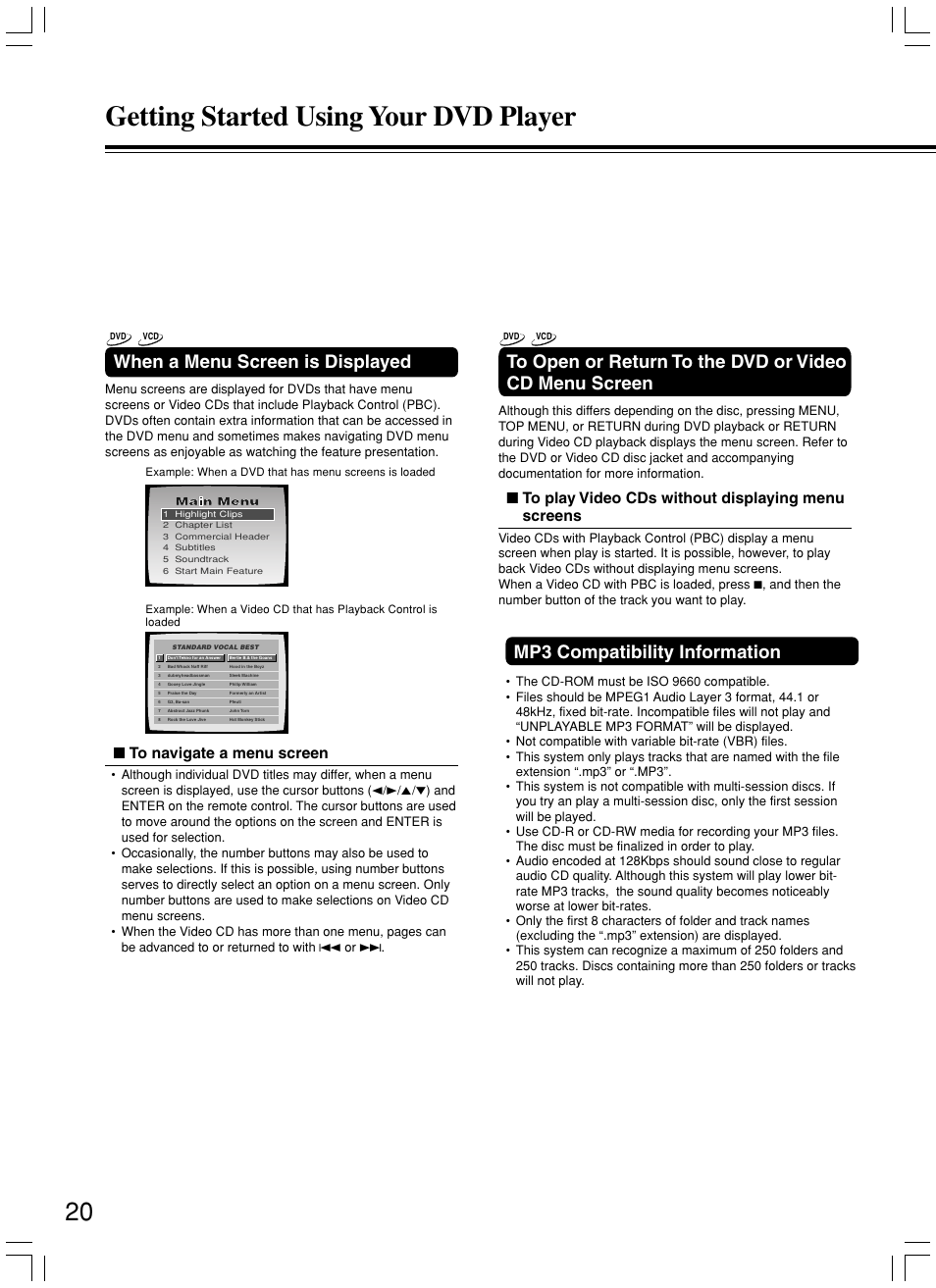 Getting started using your dvd player, When a menu screen is displayed, Mp3 compatibility information | Integra DPS-5.3 User Manual | Page 20 / 60