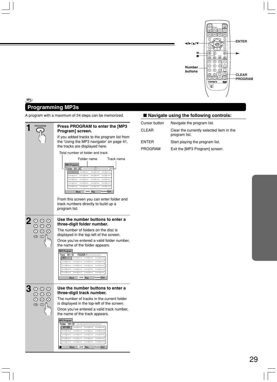 Programming mp3s, Navigate using the following controls, Press program to enter the [mp3 program] screen | Integra DPS-5.3 User Manual | Page 29 / 60
