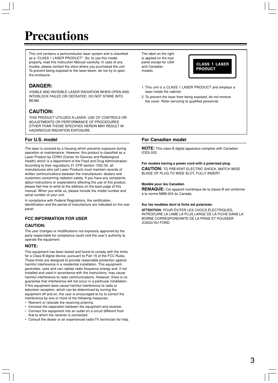 Precautions, Danger, Caution | Integra DPS-5.3 User Manual | Page 3 / 60