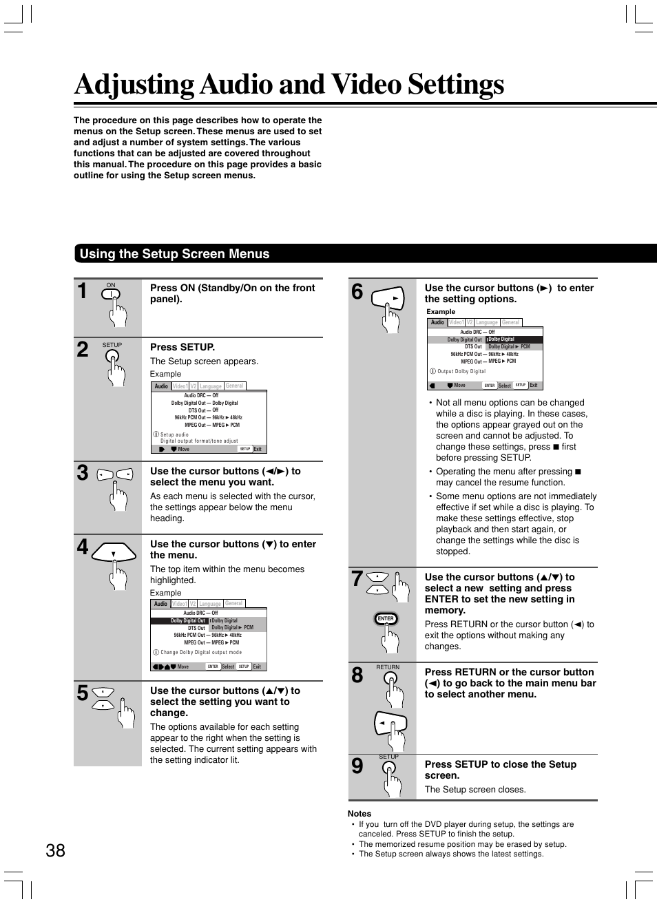 Adjusting audio and video settings, Using the setup screen menus | Integra DPS-5.3 User Manual | Page 38 / 60