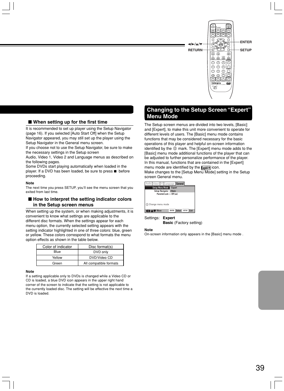 Changing to the setup screen “expert” menu mode, When setting up for the first time, Color of indicator disc format(s) | Settings: expert basic (factory setting), Expert, 2 / 3 / 5 / ∞ enter setup return | Integra DPS-5.3 User Manual | Page 39 / 60