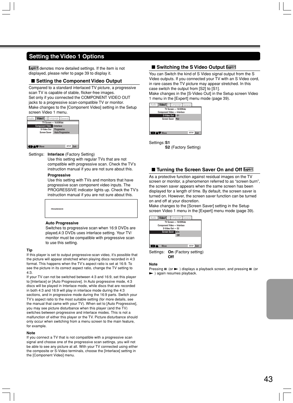 Setting the video 1 options, Turning the screen saver on and off, Switching the s video output | Setting the component video output | Integra DPS-5.3 User Manual | Page 43 / 60