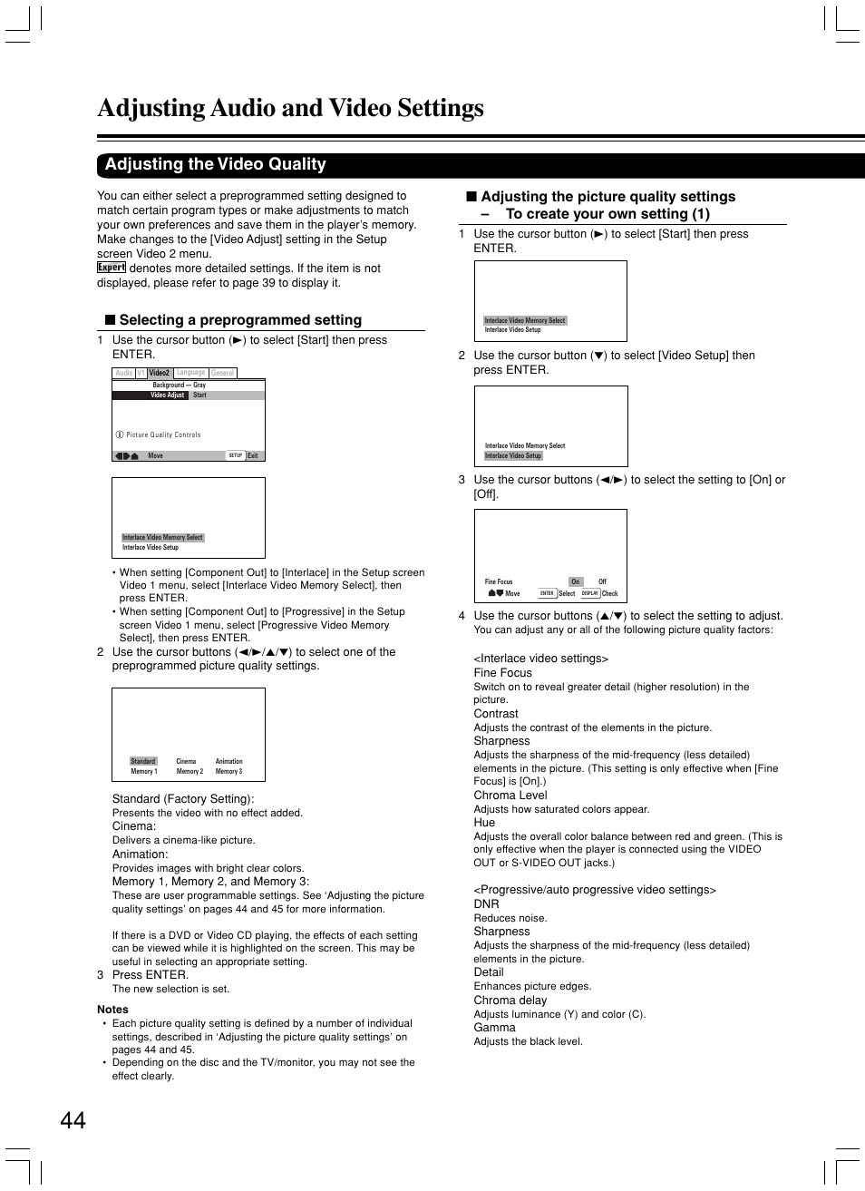 Adjusting audio and video settings, Adjusting the video quality, Selecting a preprogrammed setting | Integra DPS-5.3 User Manual | Page 44 / 60