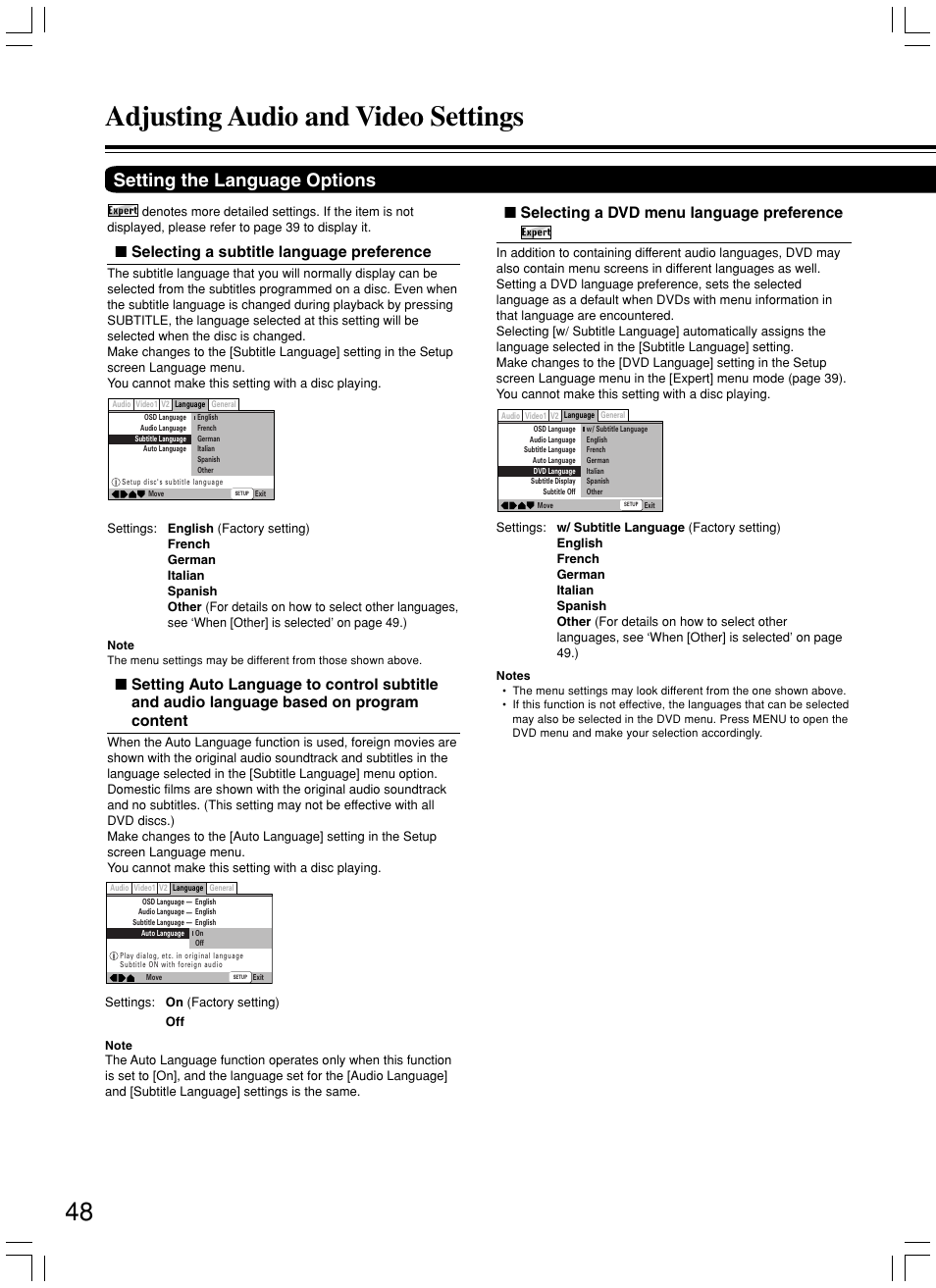 Adjusting audio and video settings, Setting the language options, Selecting a subtitle language preference | Selecting a dvd menu language preference | Integra DPS-5.3 User Manual | Page 48 / 60