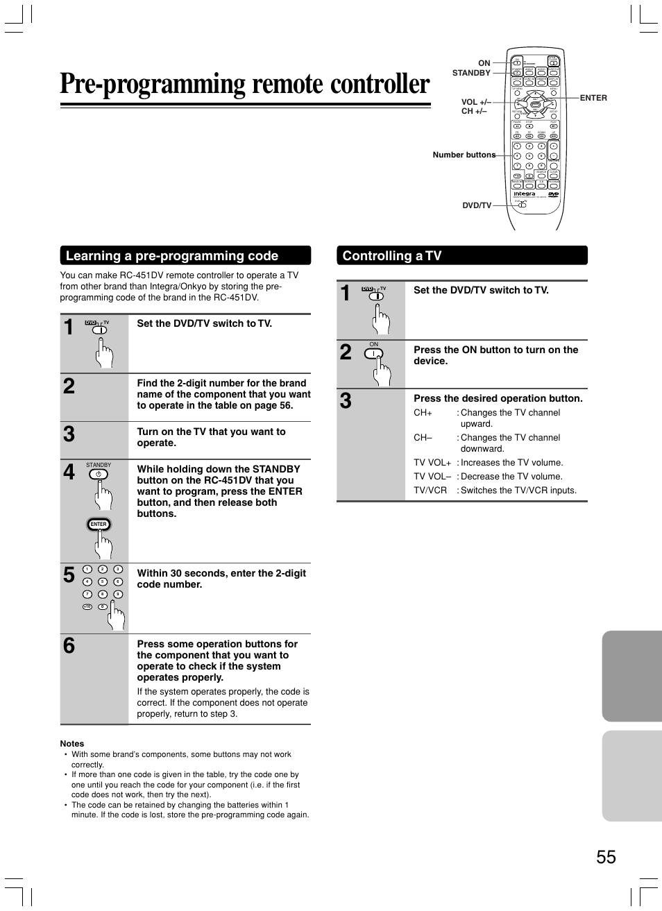 Pre-programming remote controller, Learning a pre-programming code, Controlling a tv | Integra DPS-5.3 User Manual | Page 55 / 60