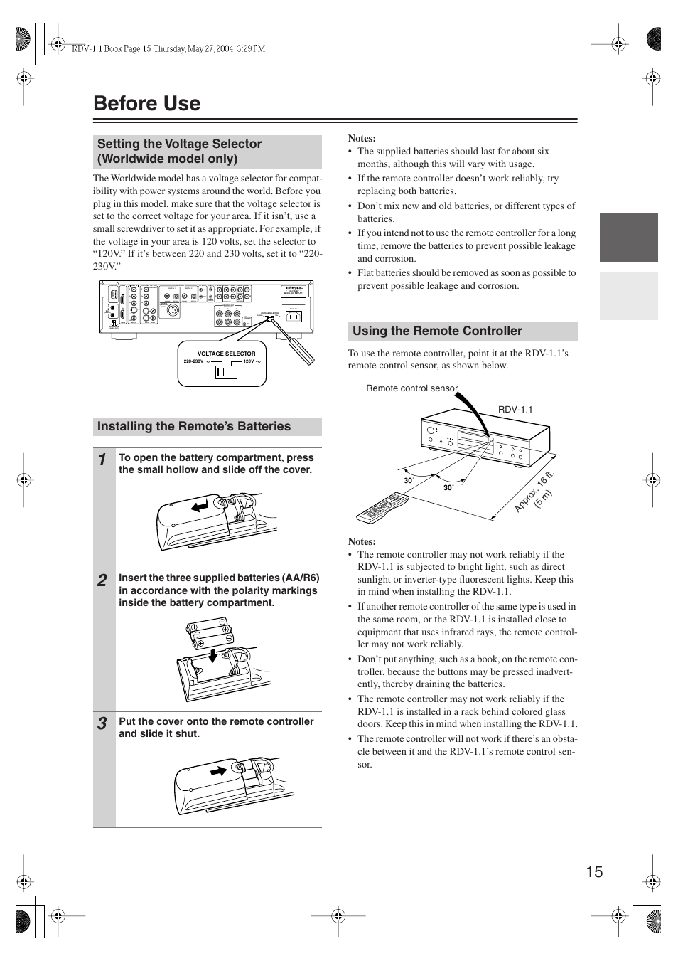 Before use, Using the remote controller | Integra RDV-1.1 User Manual | Page 15 / 100