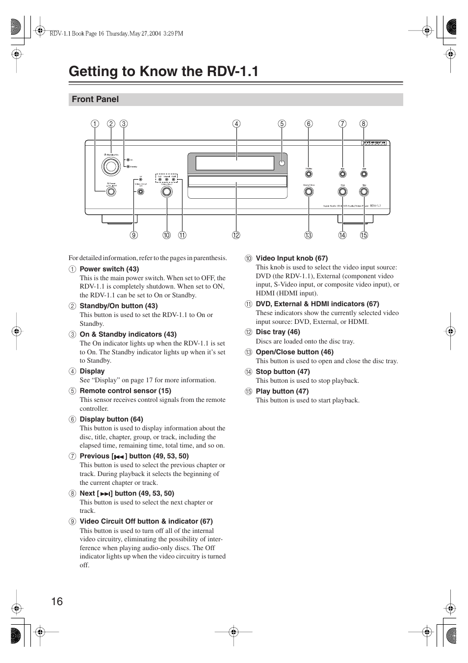 Getting to know the rdv-1.1 | Integra RDV-1.1 User Manual | Page 16 / 100