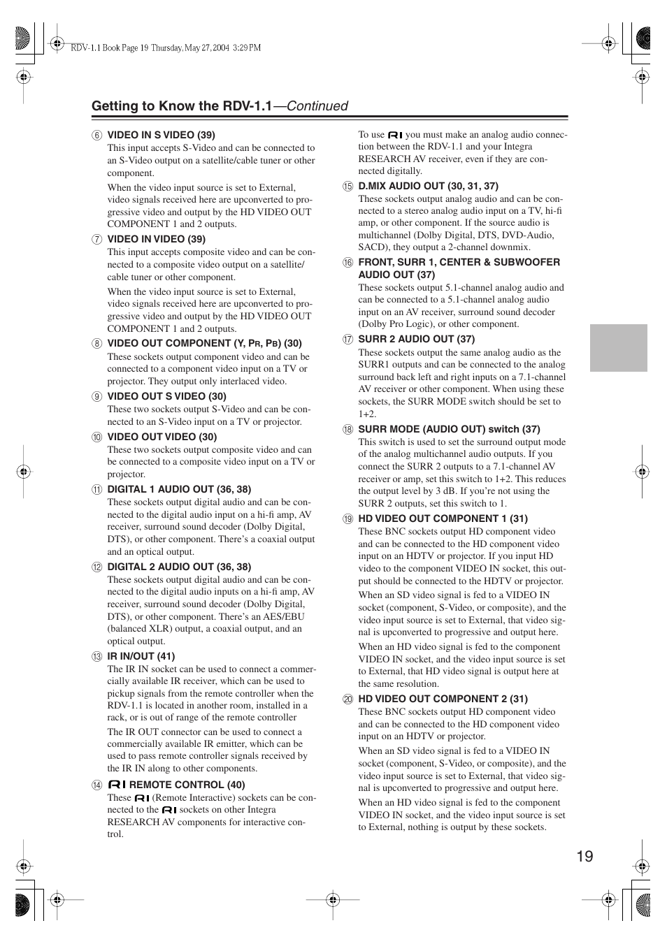 Getting to know the rdv-1.1 —continued | Integra RDV-1.1 User Manual | Page 19 / 100