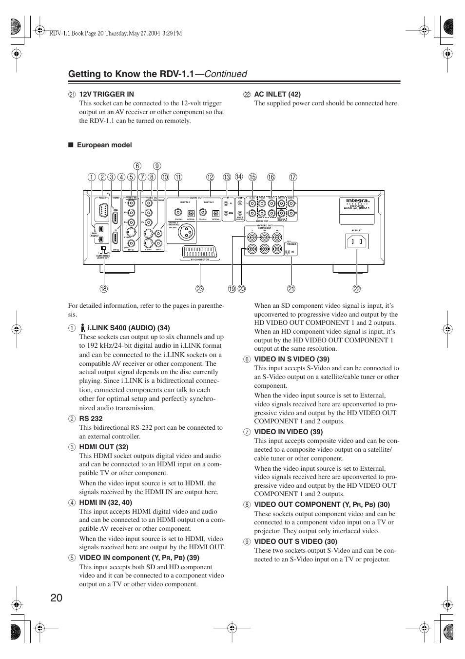 Getting to know the rdv-1.1 —continued, And can be connected to the i.link, On a | Integra RDV-1.1 User Manual | Page 20 / 100