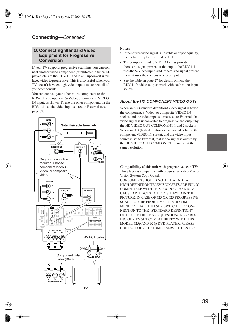 Connecting —continued, About the hd component video outs | Integra RDV-1.1 User Manual | Page 39 / 100