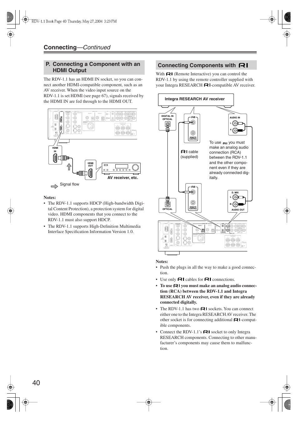 Connecting —continued, P. connecting a component with an hdmi output, Connecting components with | Av receiver, etc. signal flow, Integra research av receiver to use, Cable (supplied) | Integra RDV-1.1 User Manual | Page 40 / 100