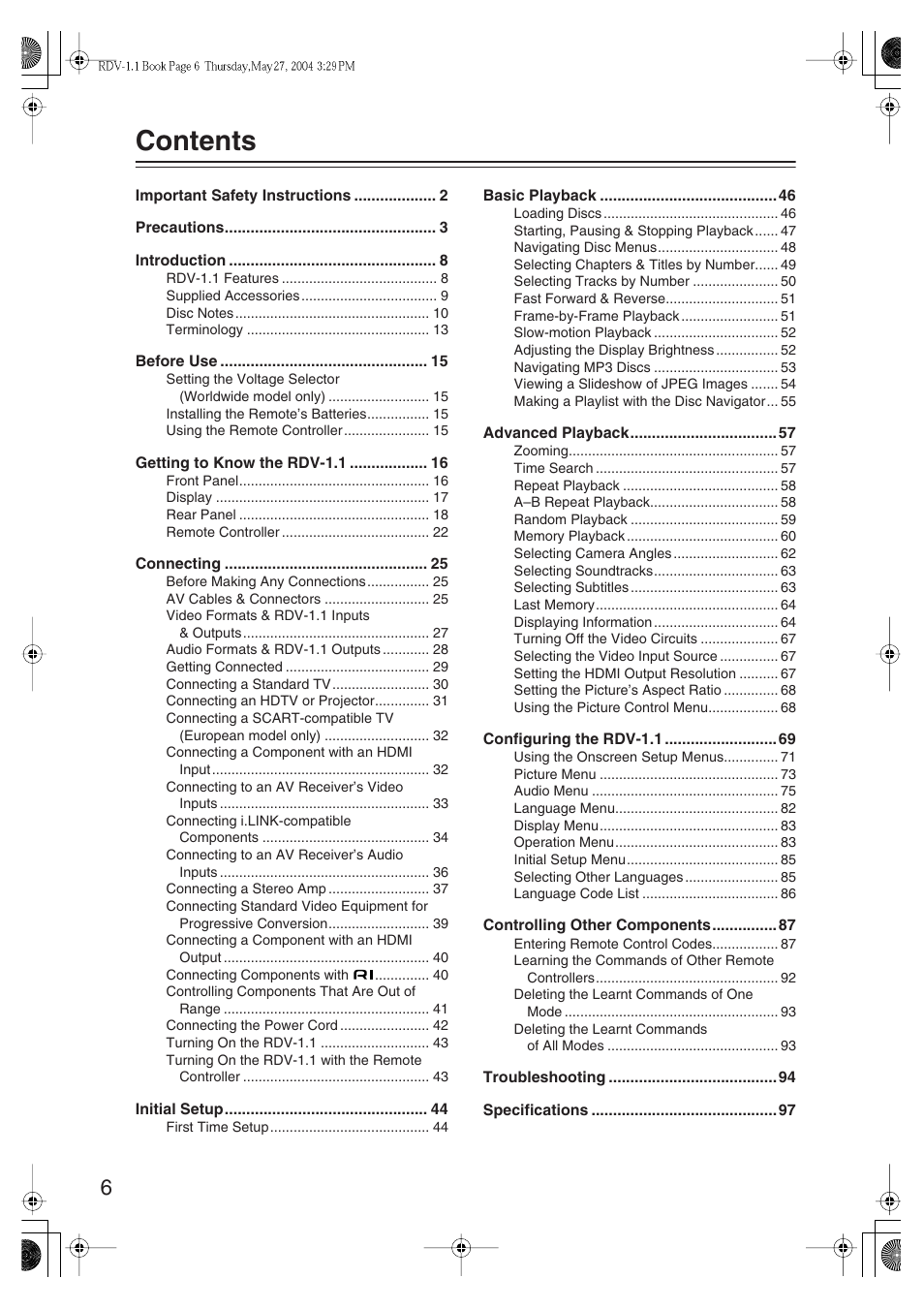 Integra RDV-1.1 User Manual | Page 6 / 100