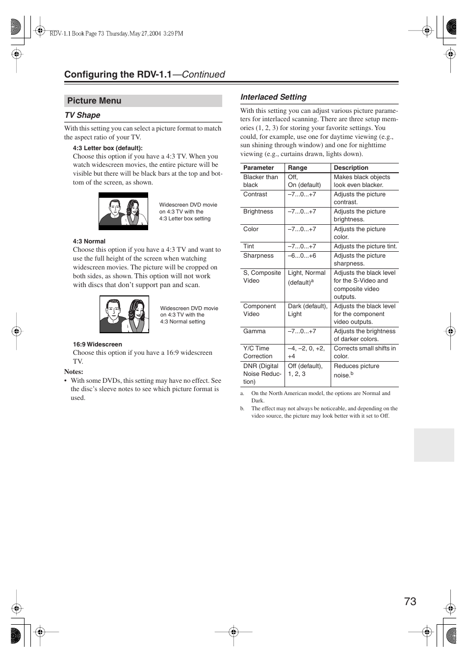 Configuring the rdv-1.1 —continued, Picture menu | Integra RDV-1.1 User Manual | Page 73 / 100