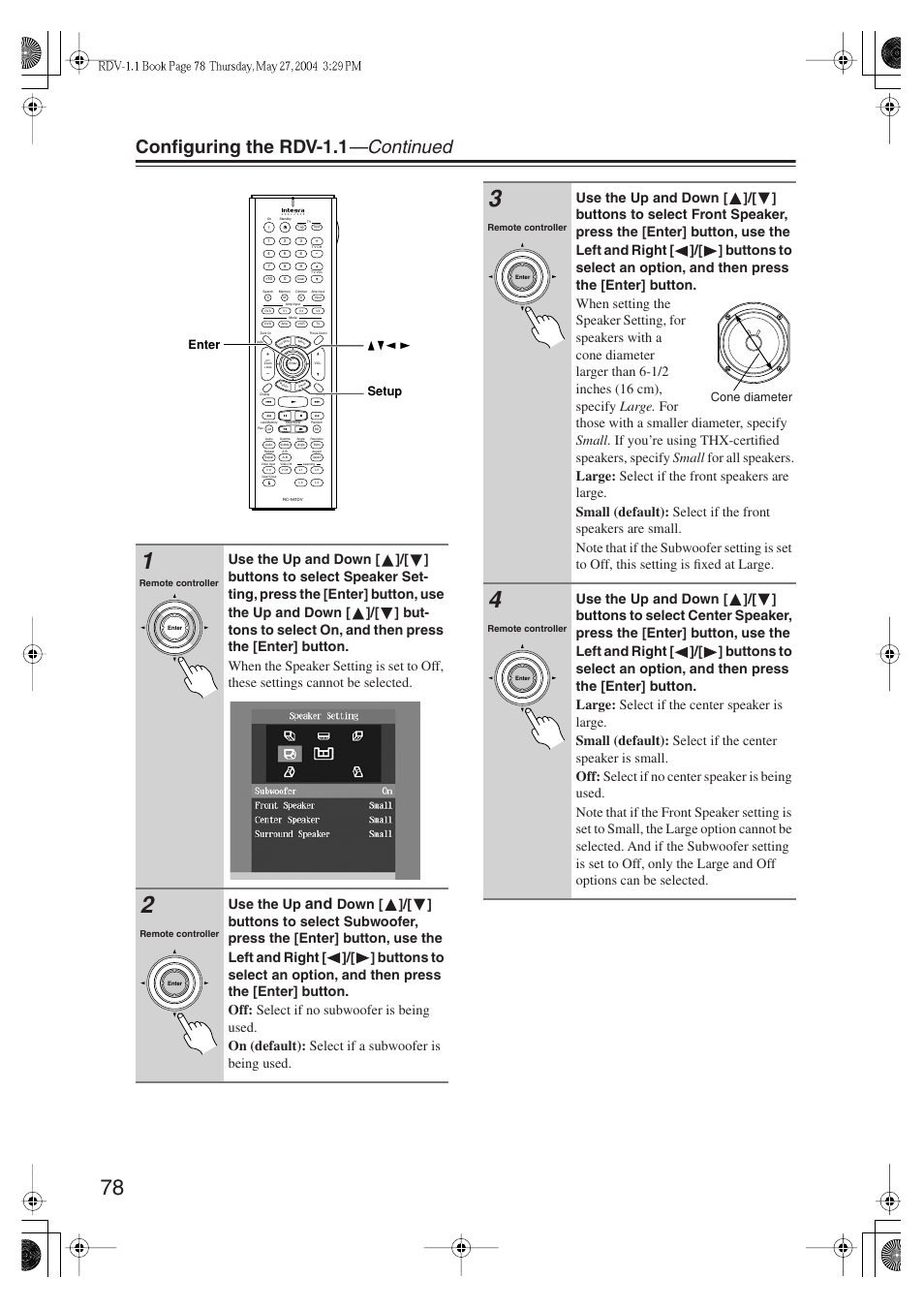 Configuring the rdv-1.1 —continued, Use the up | Integra RDV-1.1 User Manual | Page 78 / 100