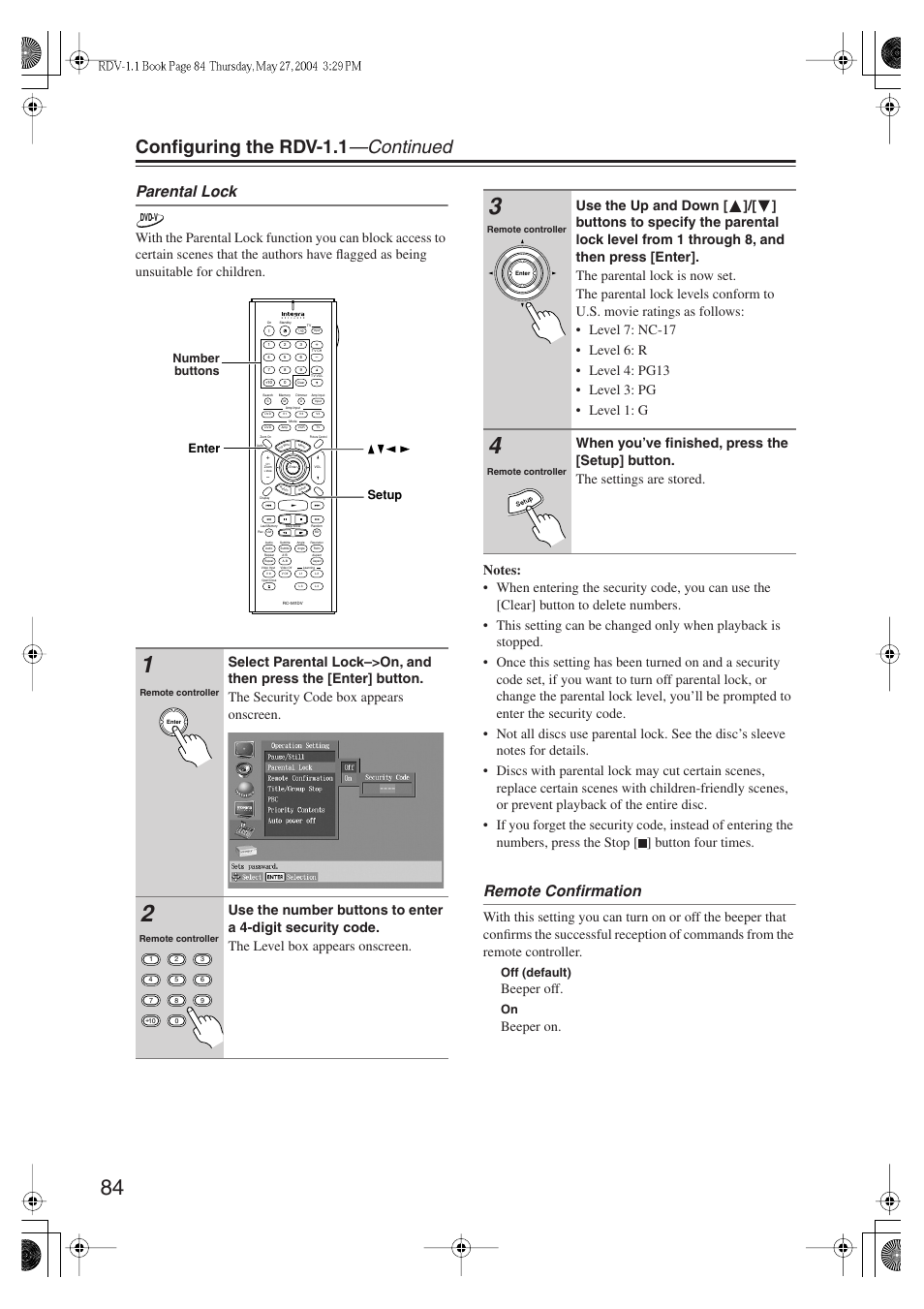 Configuring the rdv-1.1 —continued, Parental lock, Remote confirmation | Beeper off, Beeper on, Off (default), Enter setup number buttons | Integra RDV-1.1 User Manual | Page 84 / 100