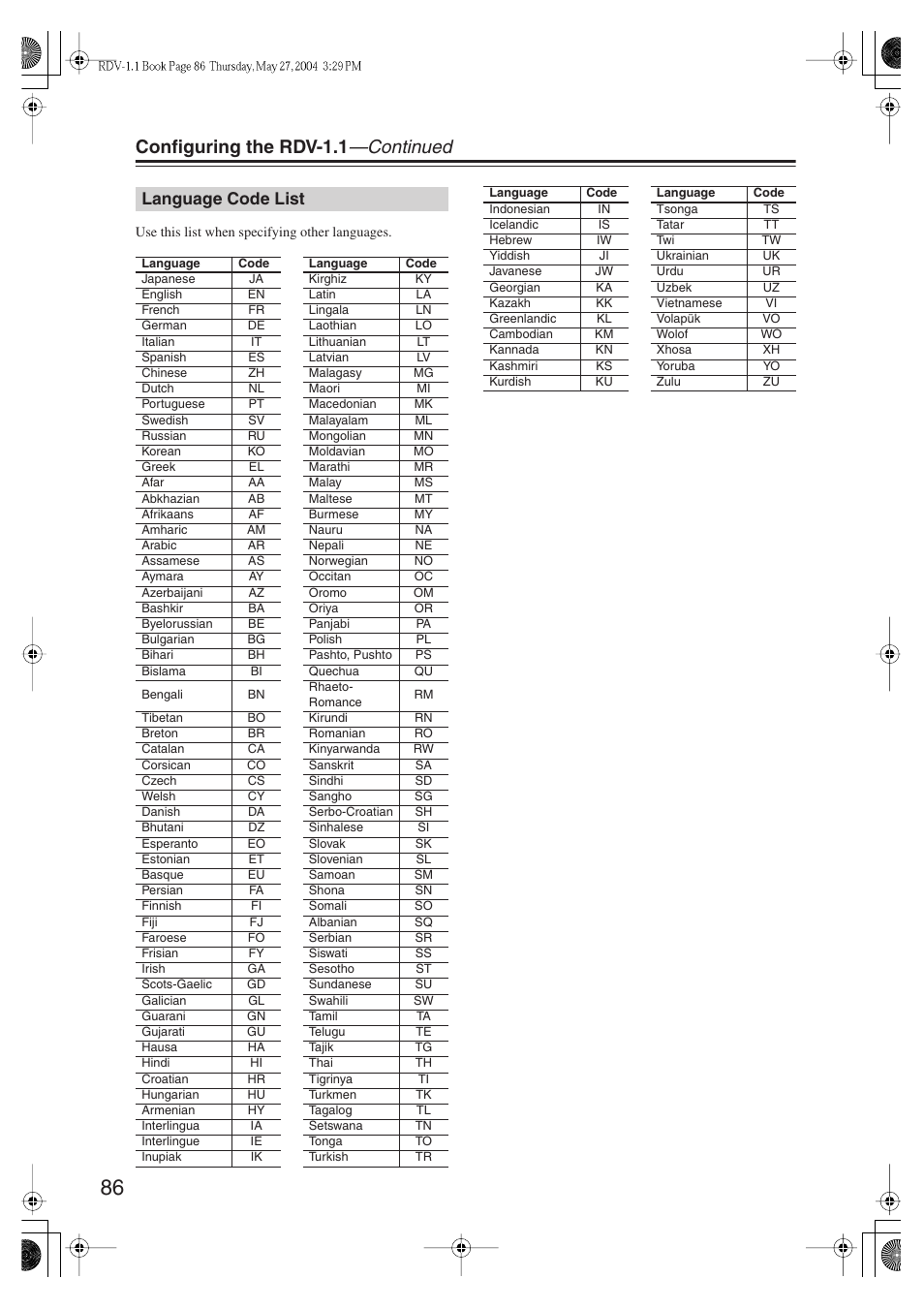 Configuring the rdv-1.1 —continued, Language code list | Integra RDV-1.1 User Manual | Page 86 / 100