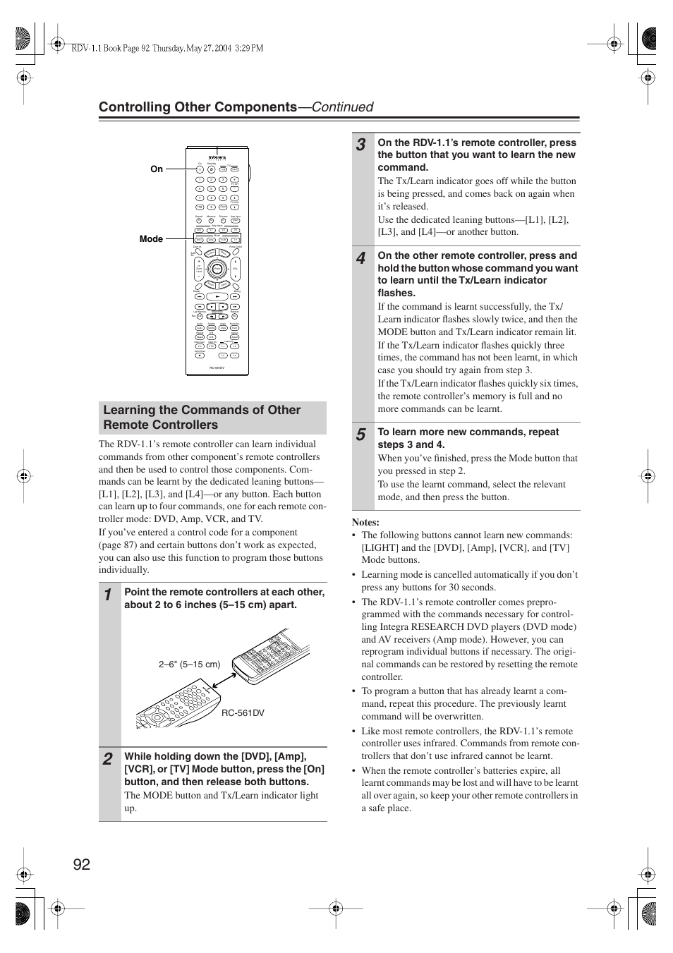 Controlling other components —continued, Learning the commands of other remote controllers | Integra RDV-1.1 User Manual | Page 92 / 100