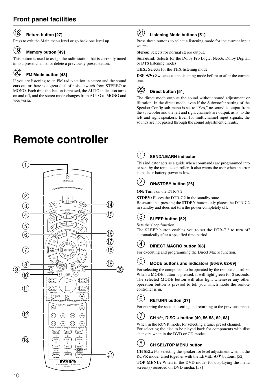 Remote controller, Front panel facilities | Integra DTR-7.2 User Manual | Page 10 / 76
