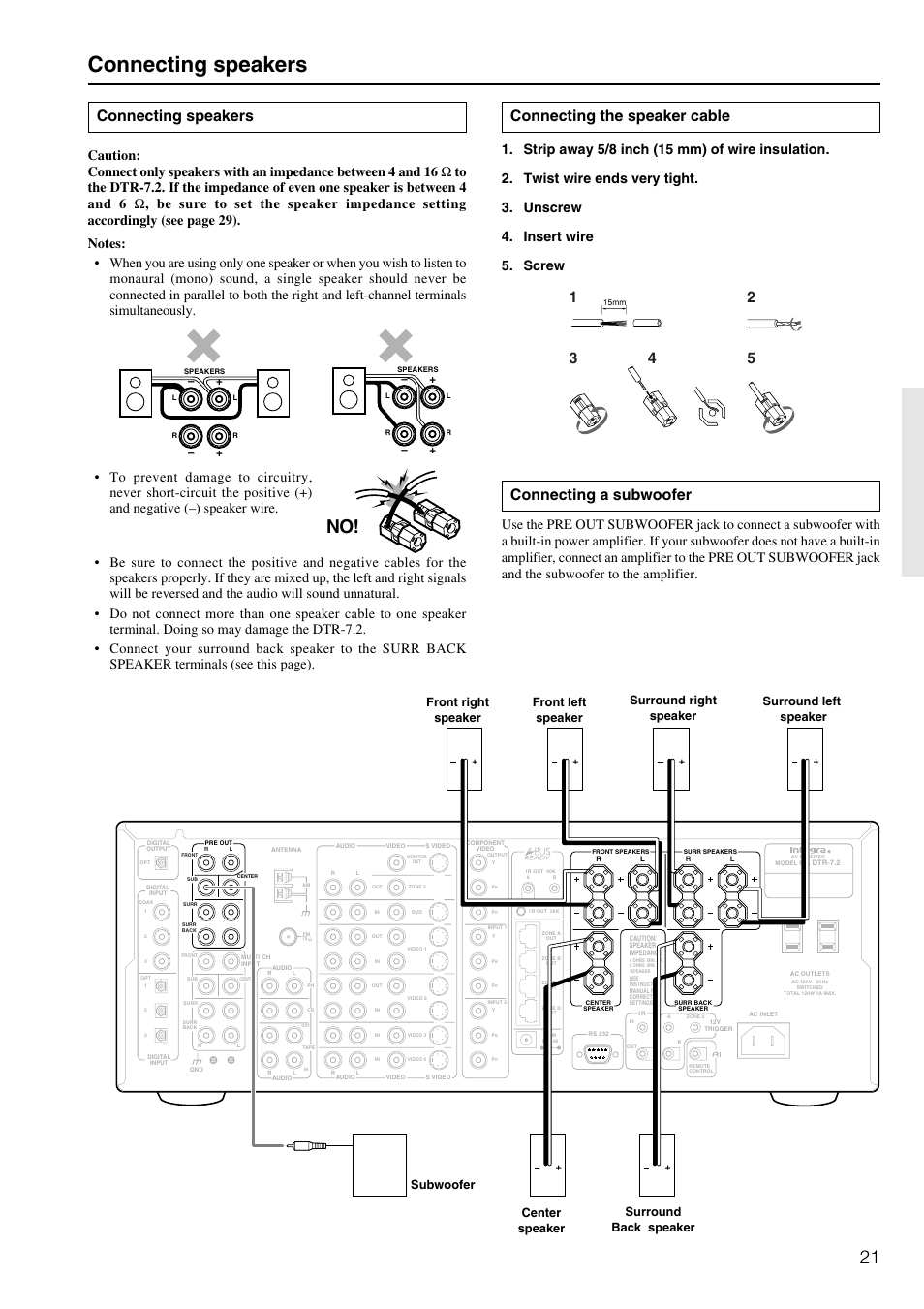Connecting speakers, Connecting a subwoofer, Connecting the speaker cable | Center speaker subwoofer, Surround back speaker | Integra DTR-7.2 User Manual | Page 21 / 76