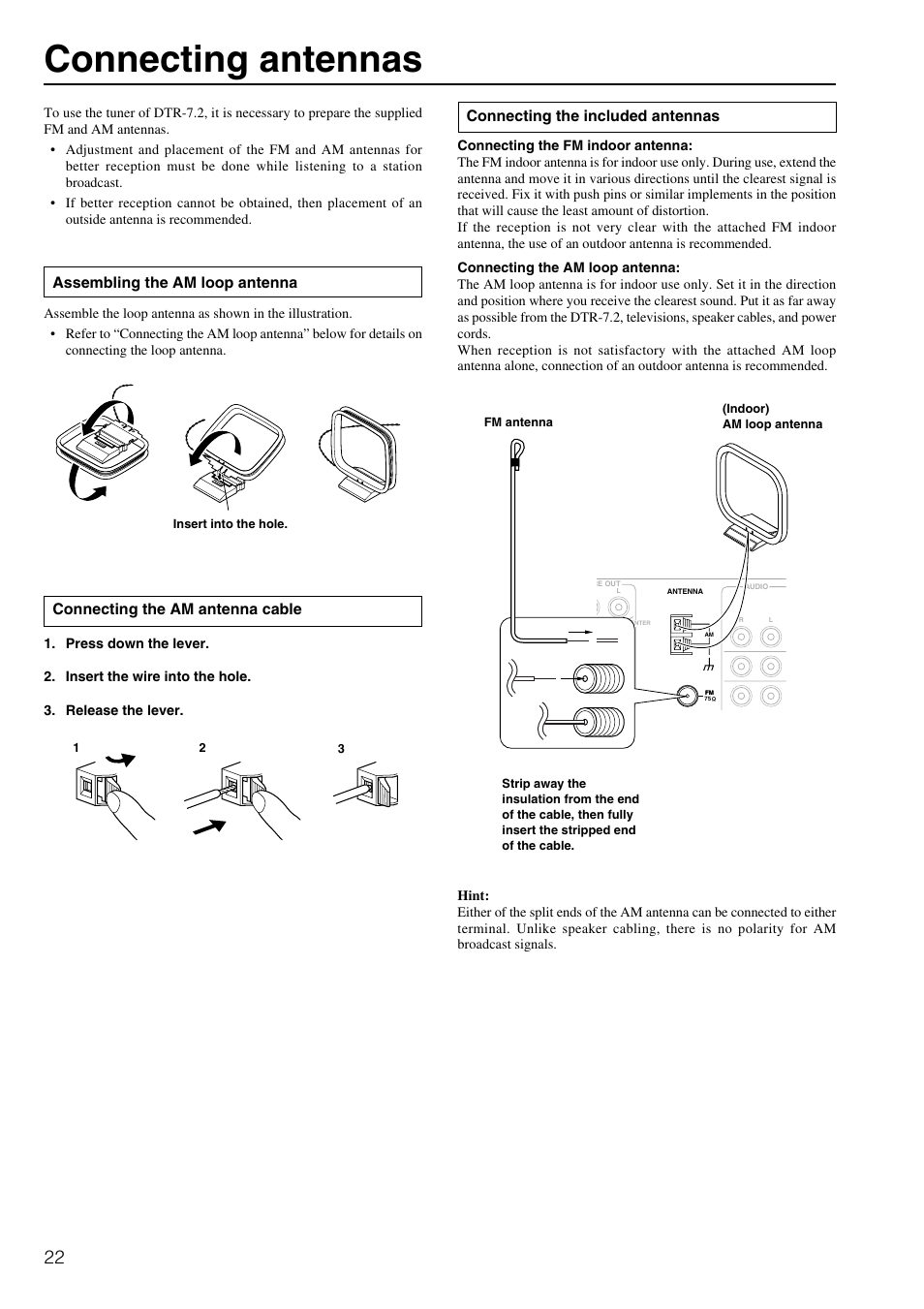 Connecting antennas, Connecting the am antenna cable, Connecting the included antennas | Assembling the am loop antenna | Integra DTR-7.2 User Manual | Page 22 / 76