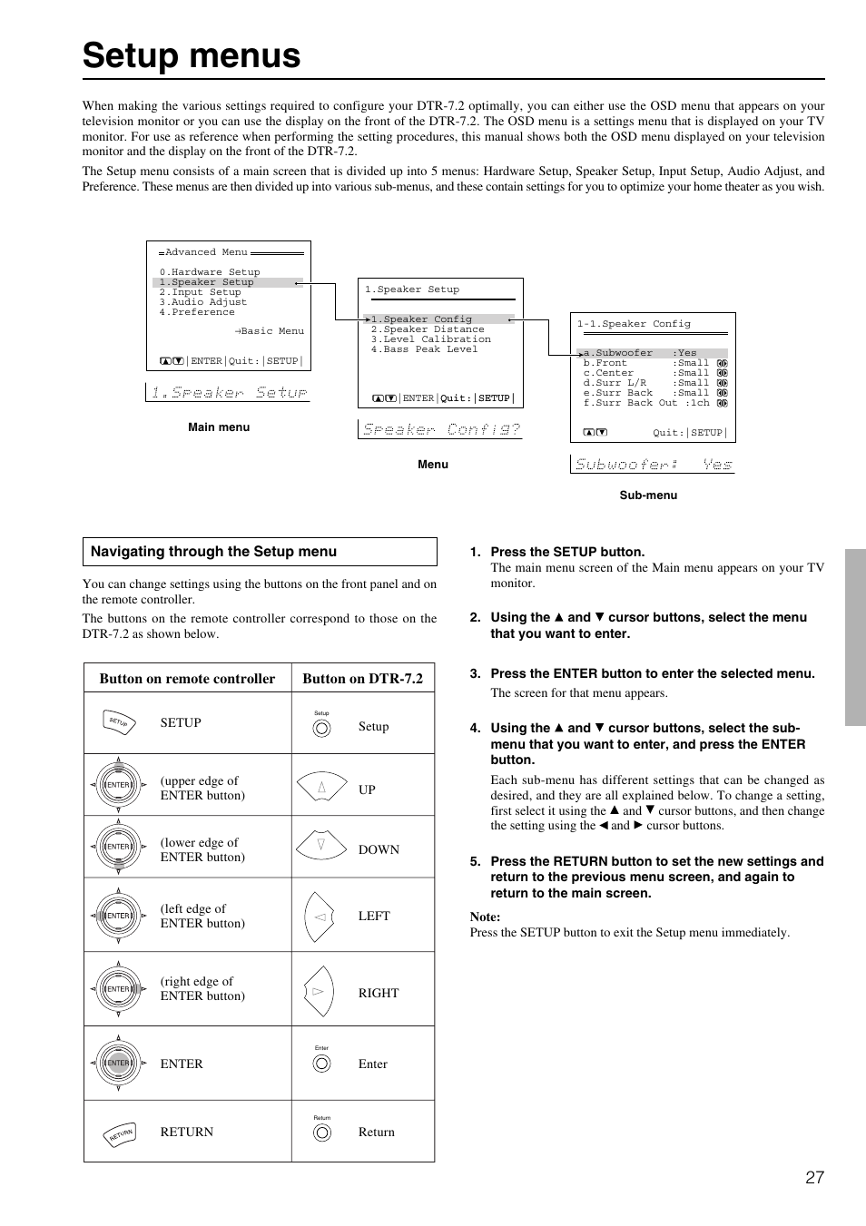 Setup menus | Integra DTR-7.2 User Manual | Page 27 / 76