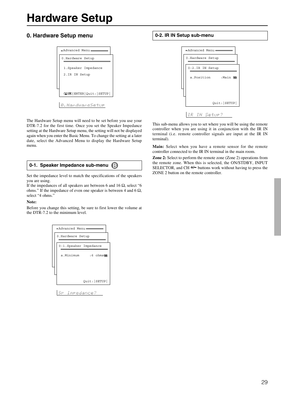 Hardware setup, Hardware setup menu | Integra DTR-7.2 User Manual | Page 29 / 76