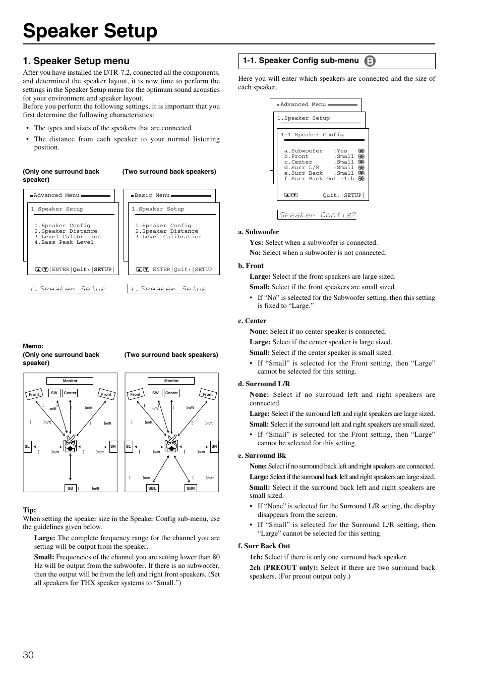 Speaker setup, Speaker setup menu, 1. speaker config sub-menu | Integra DTR-7.2 User Manual | Page 30 / 76