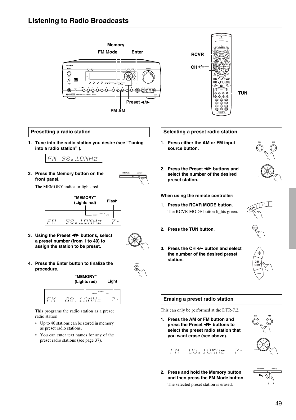 Listening to radio broadcasts, Erasing a preset radio station, Presetting a radio station | Selecting a preset radio station, Digital | Integra DTR-7.2 User Manual | Page 49 / 76