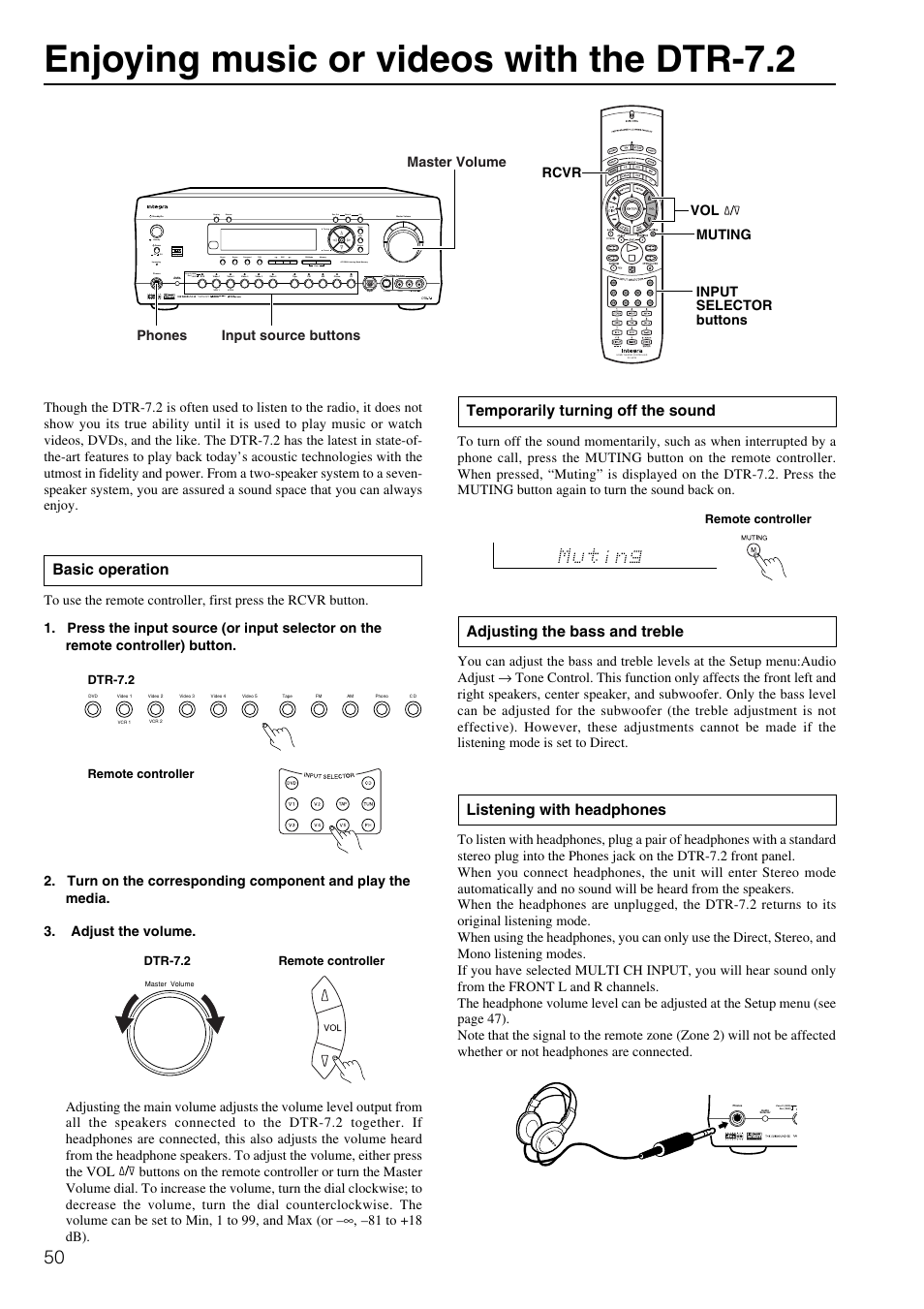 Enjoying music or videos with the dtr-7.2, Listening with headphones, Adjusting the bass and treble | Temporarily turning off the sound, Basic operation, Digital | Integra DTR-7.2 User Manual | Page 50 / 76