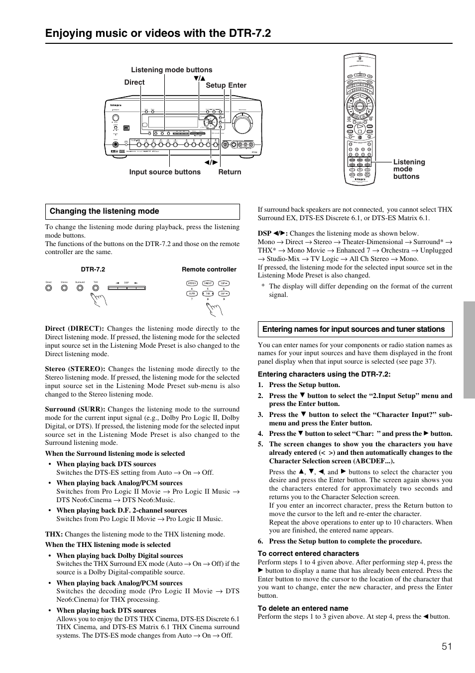 Enjoying music or videos with the dtr-7.2, Changing the listening mode | Integra DTR-7.2 User Manual | Page 51 / 76