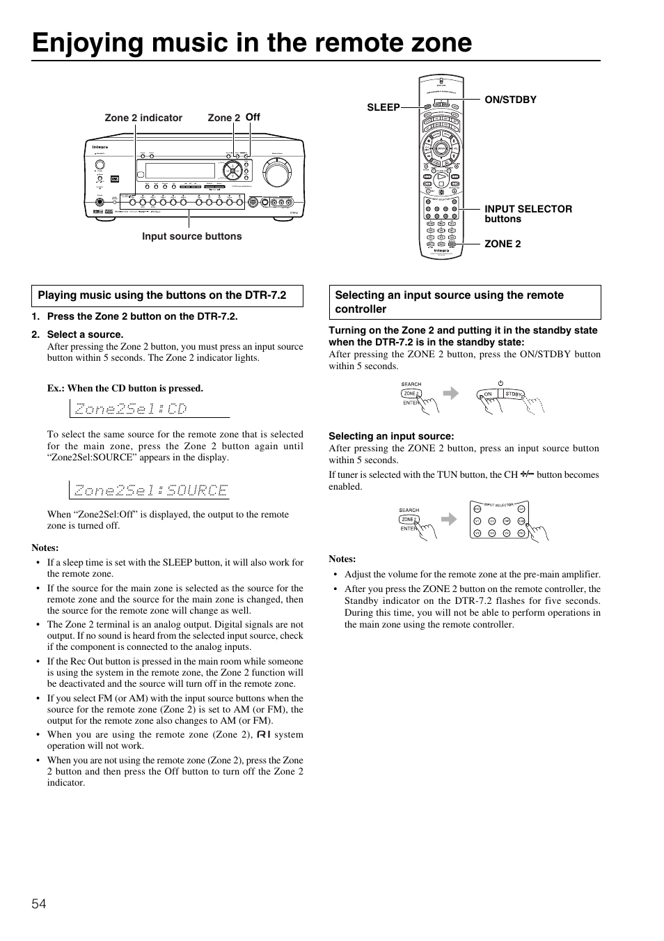 Enjoying music in the remote zone, Playing music using the buttons on the dtr-7.2 | Integra DTR-7.2 User Manual | Page 54 / 76