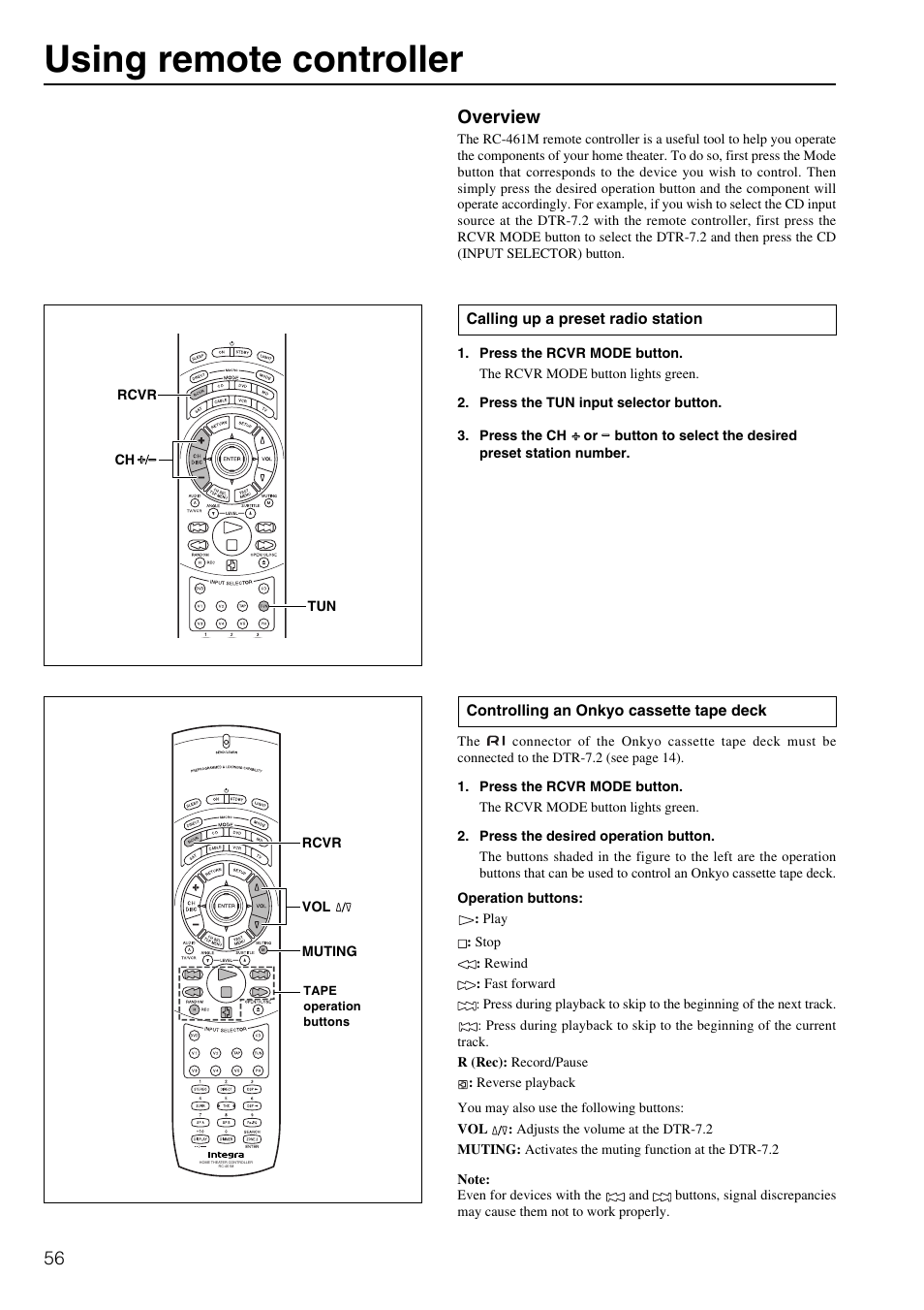 Using remote controller, Overview | Integra DTR-7.2 User Manual | Page 56 / 76