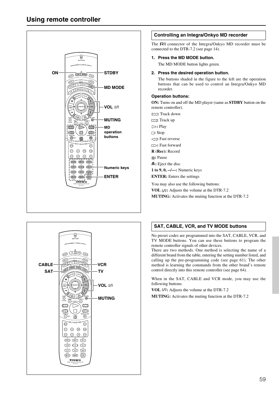 Using remote controller | Integra DTR-7.2 User Manual | Page 59 / 76