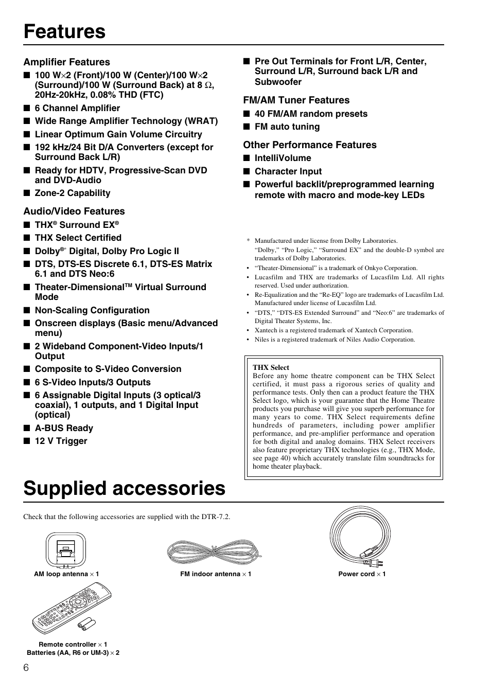 Features, Supplied accessories | Integra DTR-7.2 User Manual | Page 6 / 76