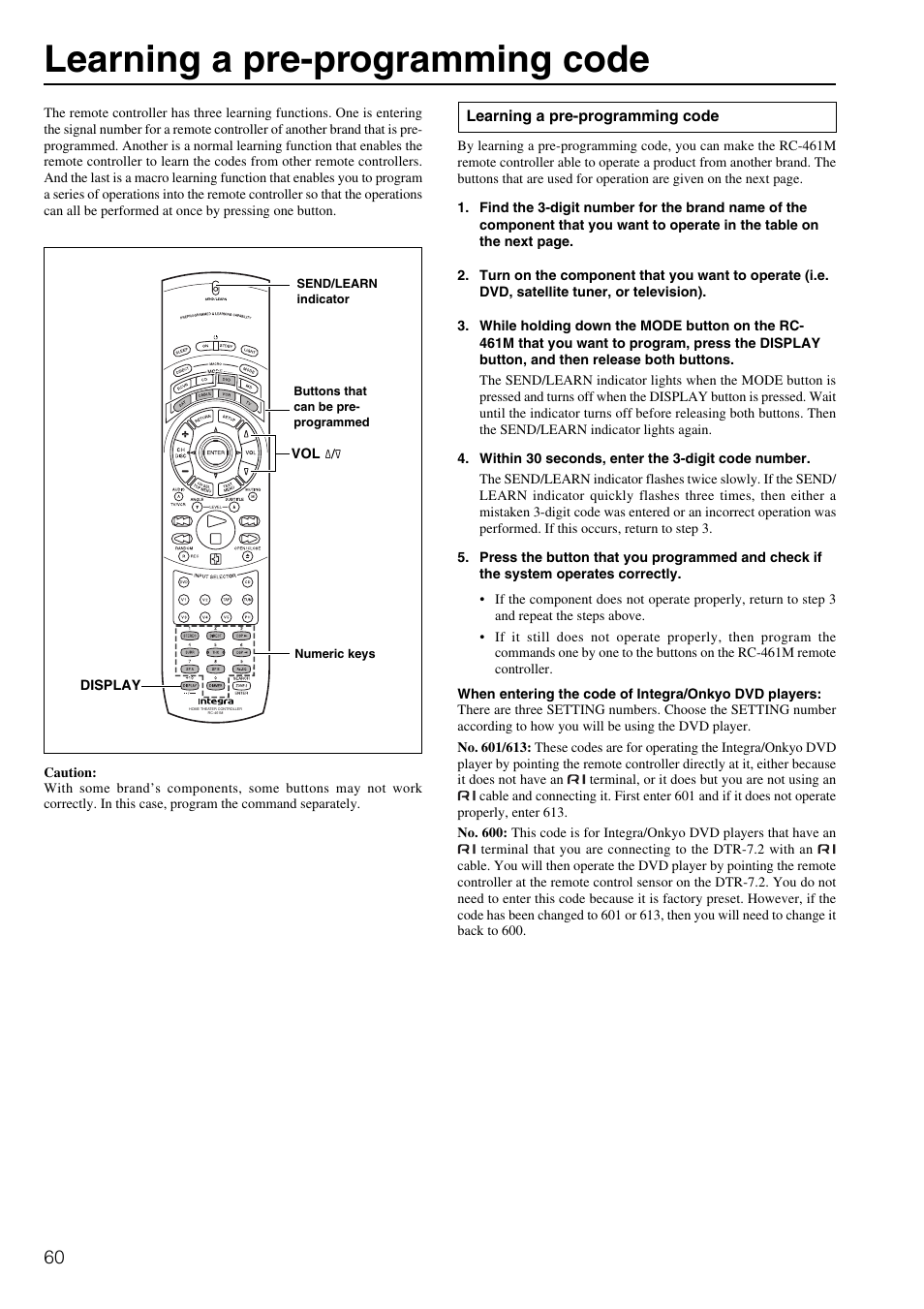 Learning a pre-programming code | Integra DTR-7.2 User Manual | Page 60 / 76