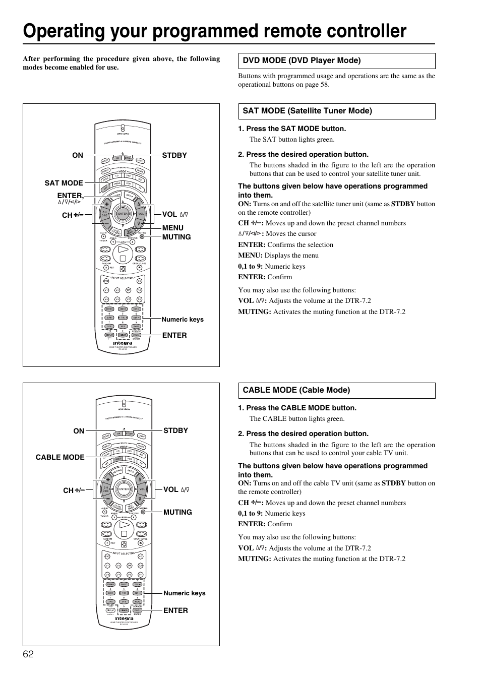 Operating your programmed remote controller | Integra DTR-7.2 User Manual | Page 62 / 76