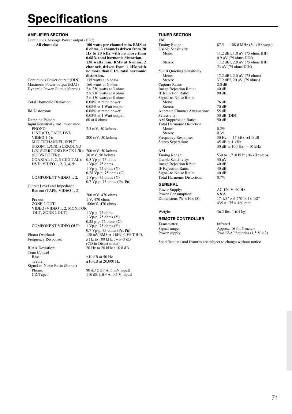 Specifications | Integra DTR-7.2 User Manual | Page 71 / 76