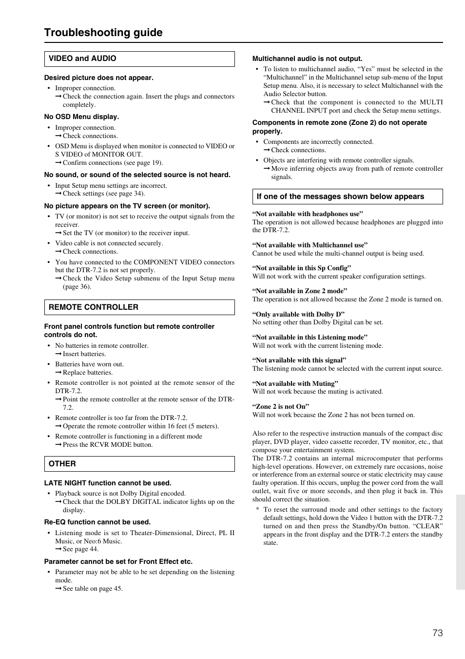 Troubleshooting guide | Integra DTR-7.2 User Manual | Page 73 / 76