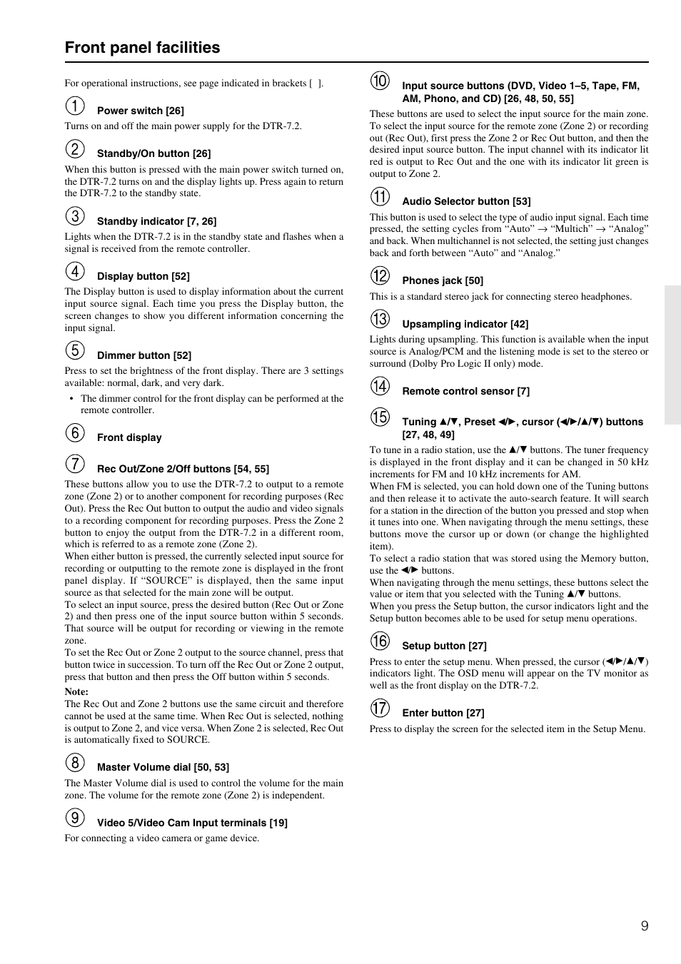 Front panel facilities | Integra DTR-7.2 User Manual | Page 9 / 76