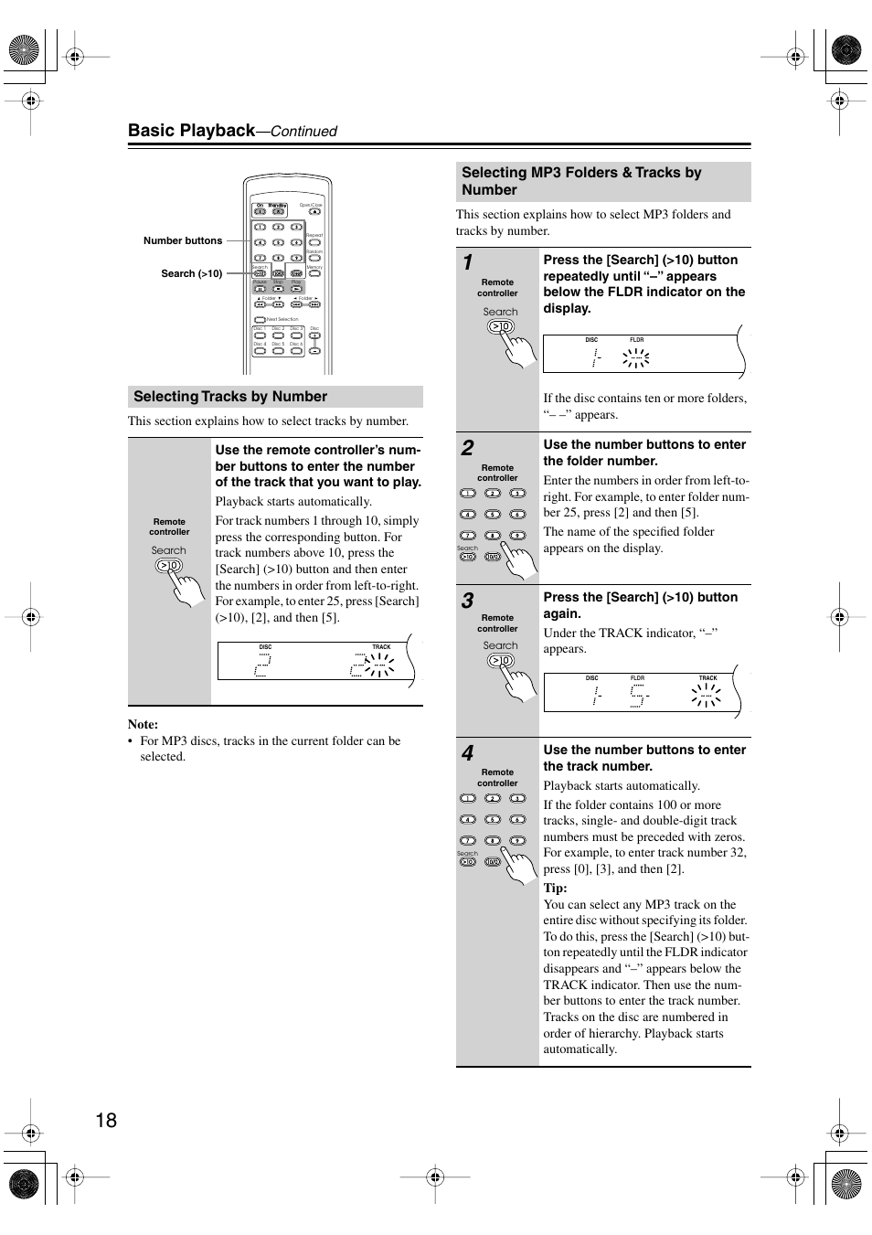 Basic playback, Continued, Selecting tracks by number | Selecting mp3 folders & tracks by number | Integra CDC-3.4 User Manual | Page 18 / 28