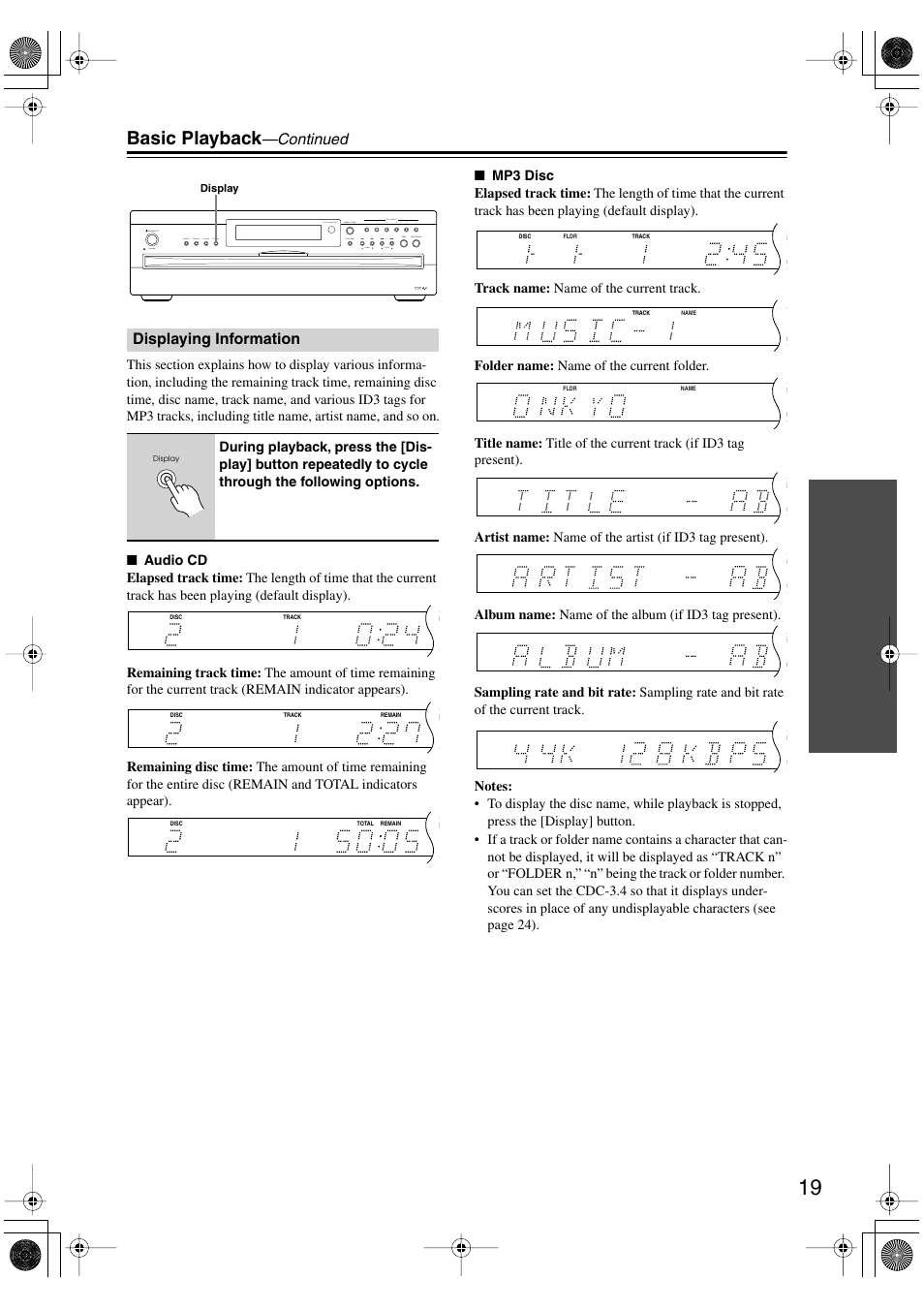 Basic playback, Continued, Displaying information | Integra CDC-3.4 User Manual | Page 19 / 28