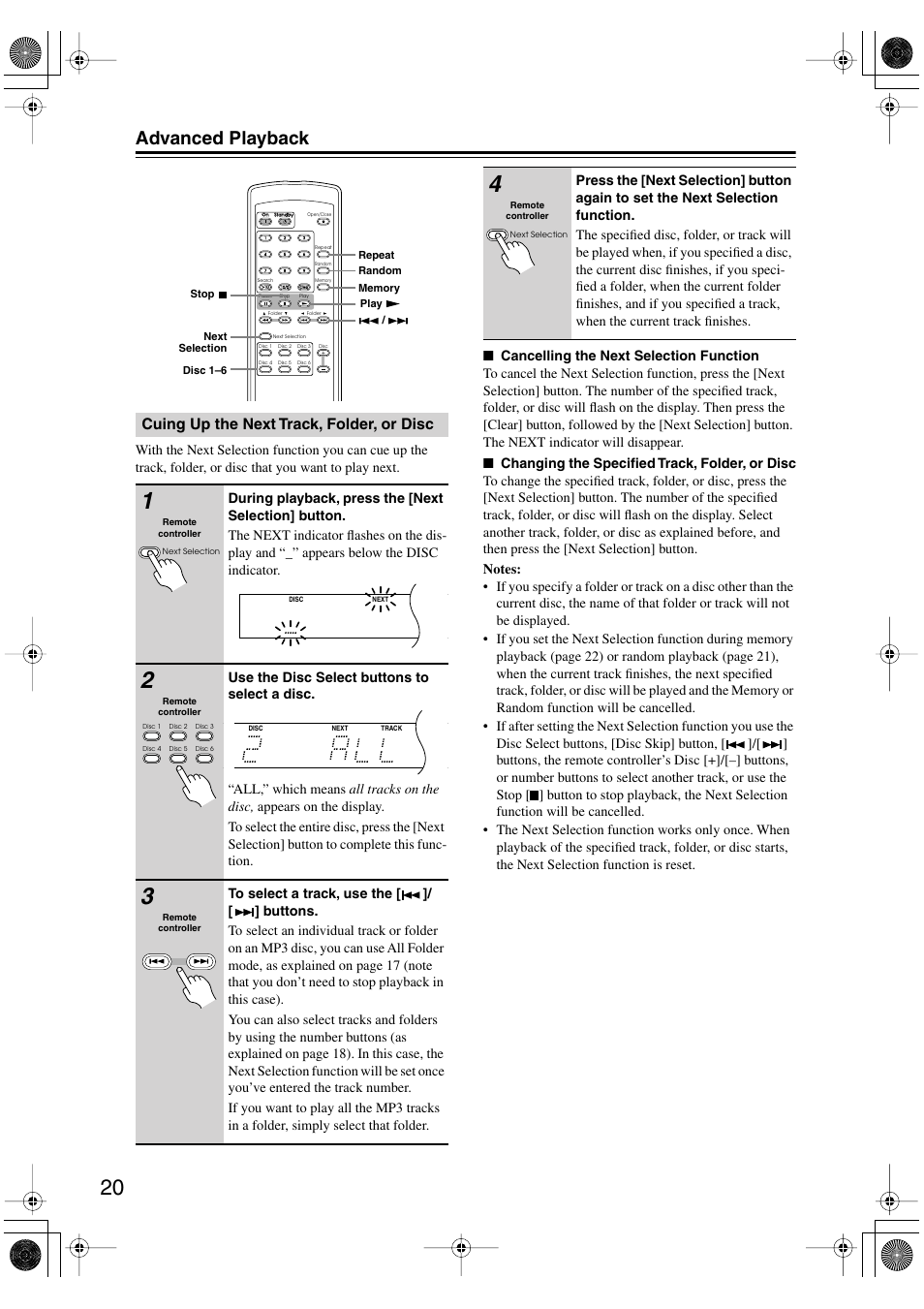 Advanced playback, Cuing up the next track, folder, or disc | Integra CDC-3.4 User Manual | Page 20 / 28