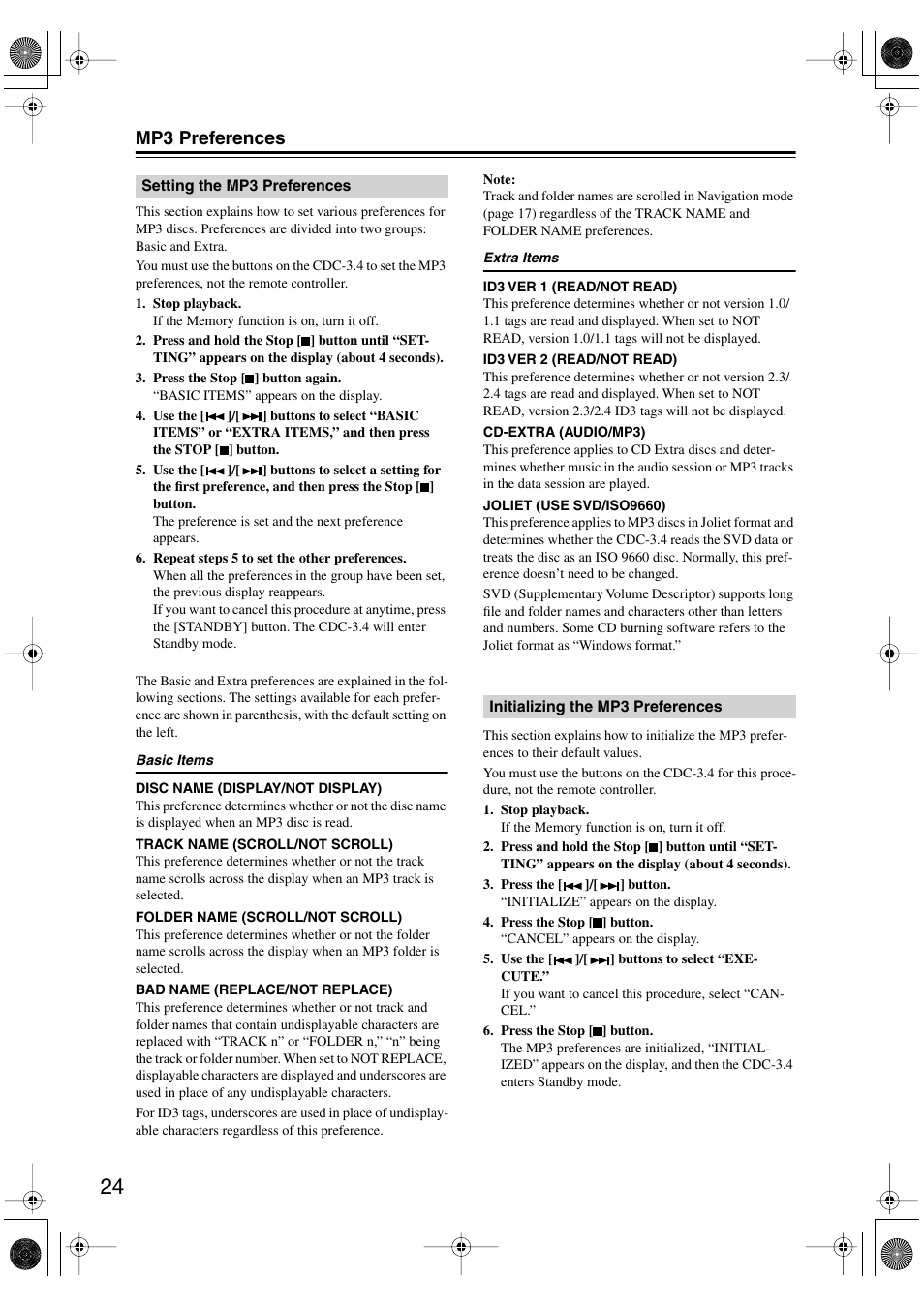Mp3 preferences | Integra CDC-3.4 User Manual | Page 24 / 28