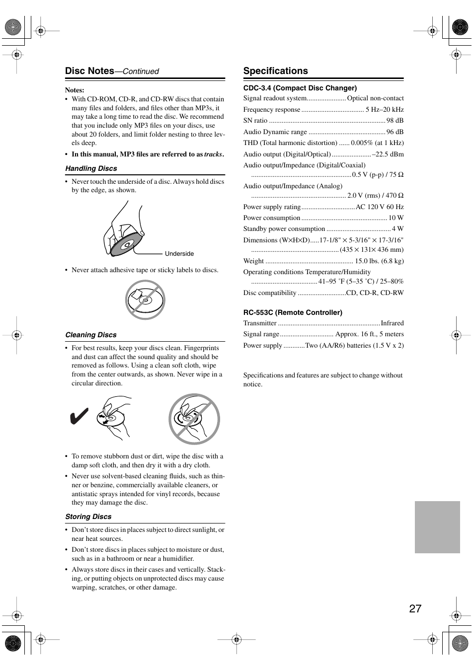 Specifications | Integra CDC-3.4 User Manual | Page 27 / 28