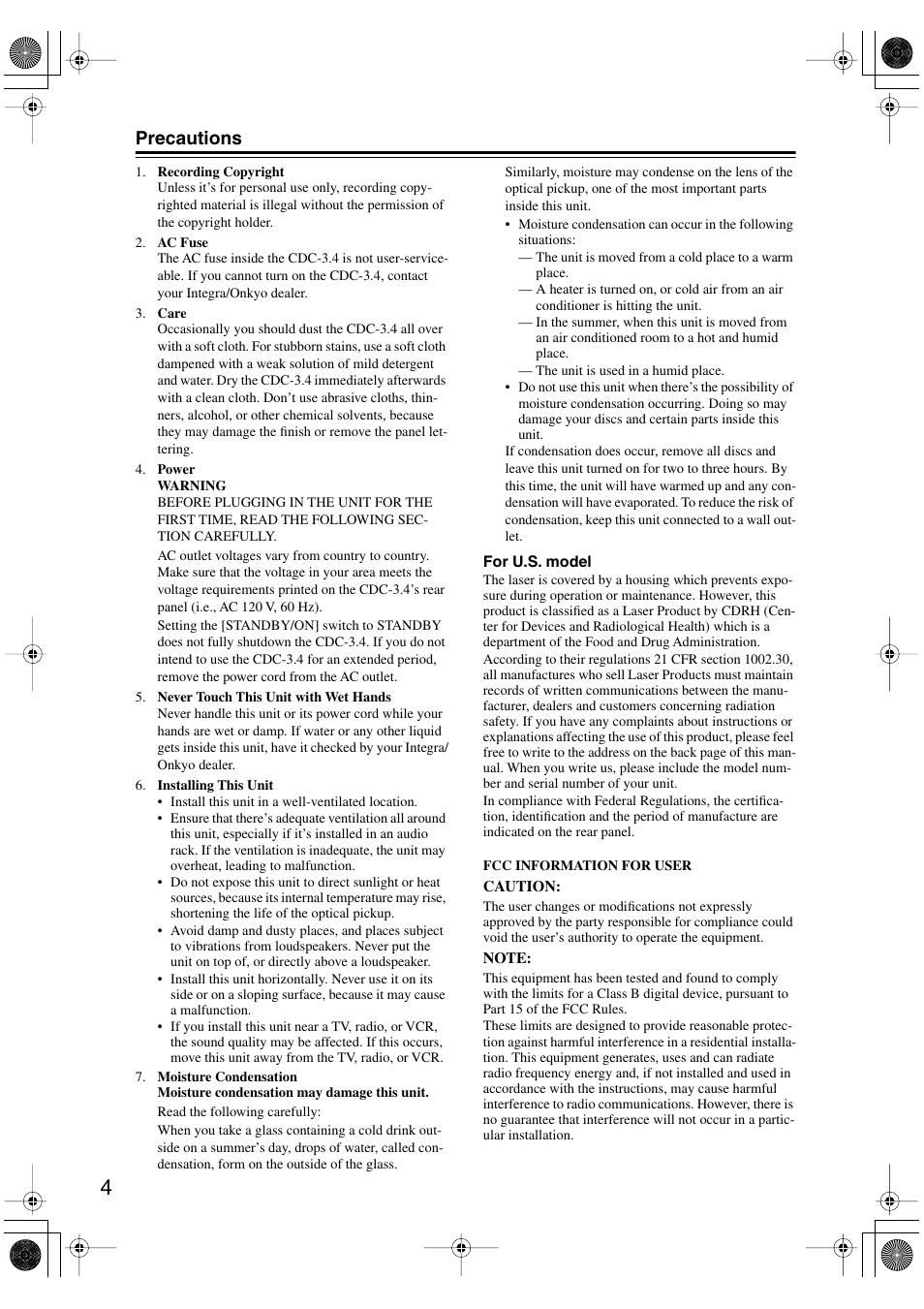 Precautions | Integra CDC-3.4 User Manual | Page 4 / 28