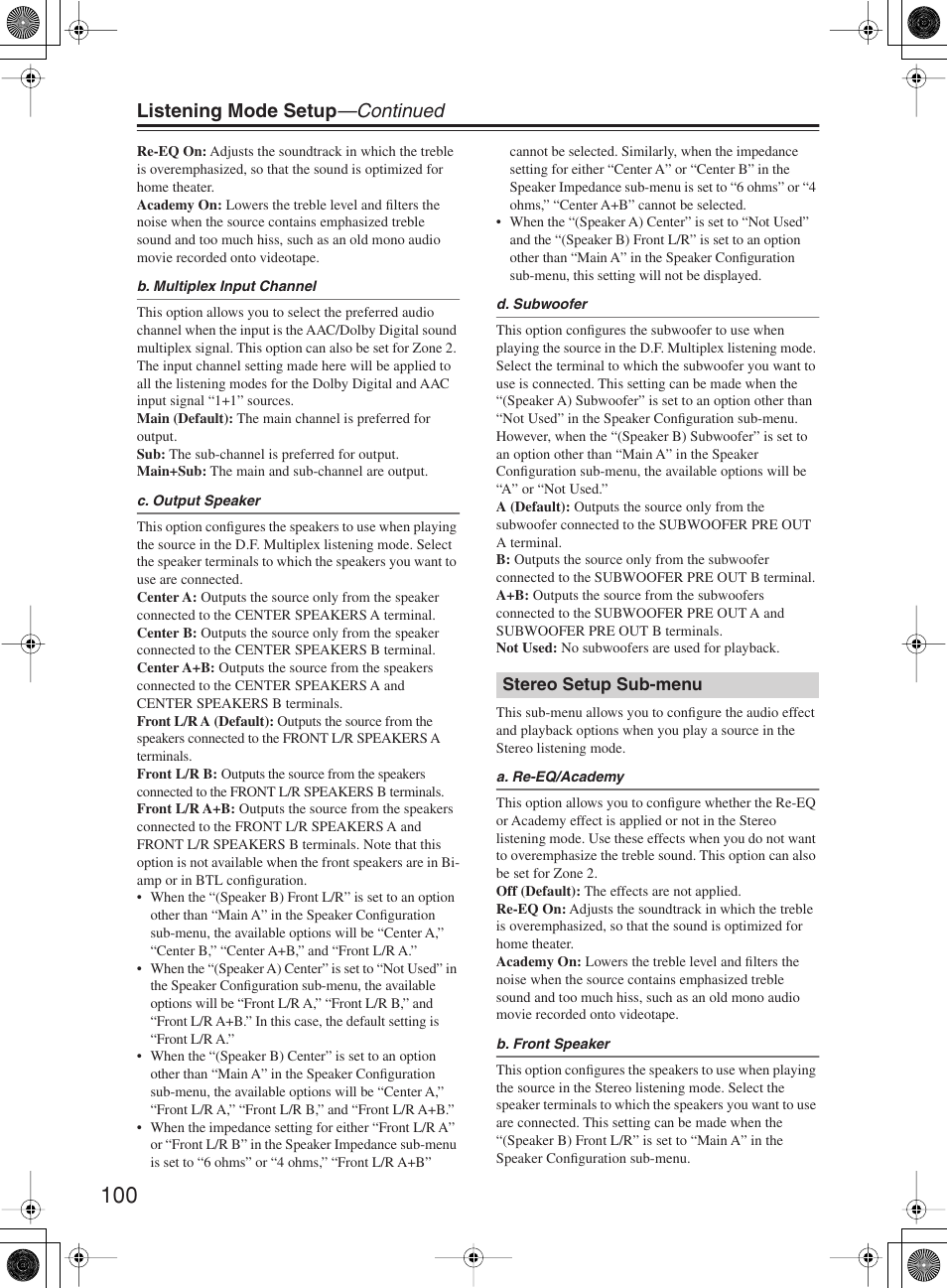Listening mode setup —continued | Integra DTR-10.5 User Manual | Page 100 / 152