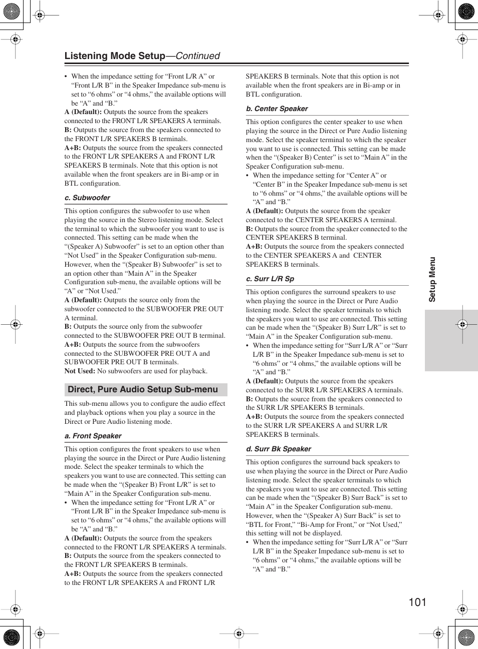 Listening mode setup —continued | Integra DTR-10.5 User Manual | Page 101 / 152