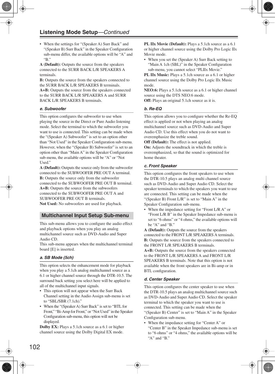 Listening mode setup —continued | Integra DTR-10.5 User Manual | Page 102 / 152